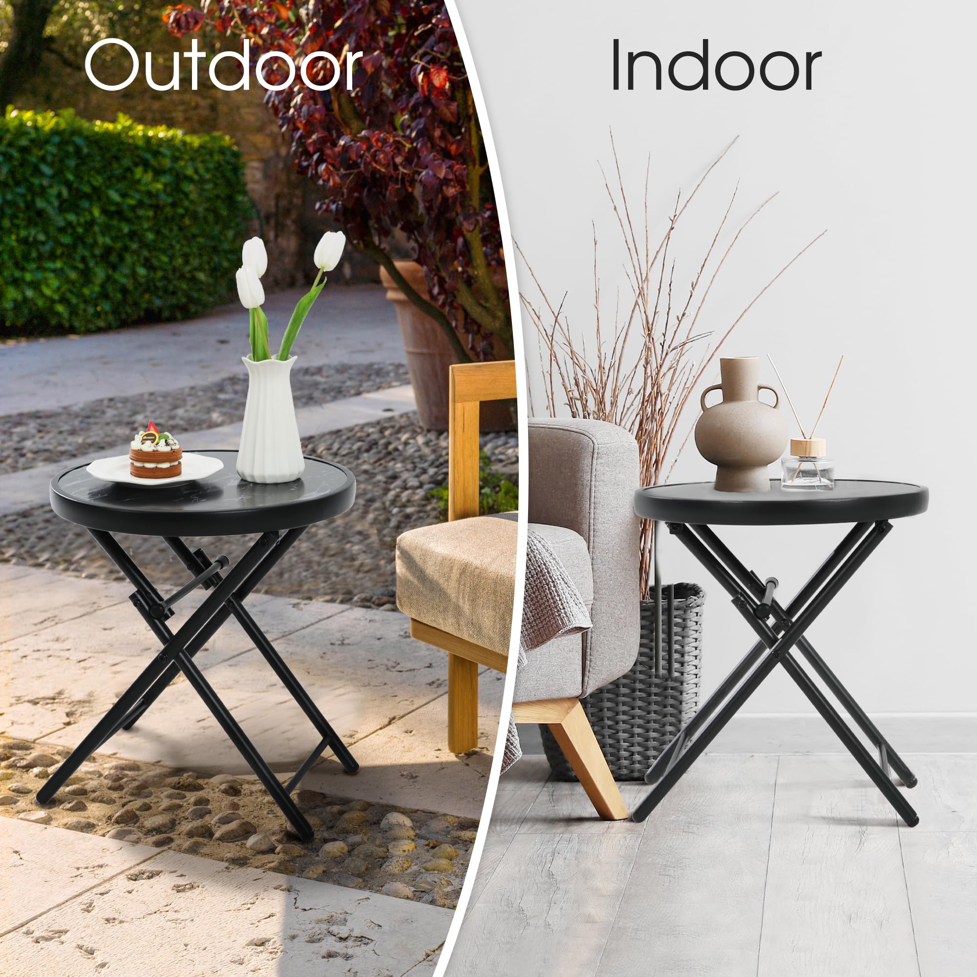 HOMEFUN Outdoor Folding Side Table with Tempered Glass Top - Portable Bistro Coffee Table for Patio, Porch, Yard, Balcony, Garden, Deck & Poolside - Perfect for Outdoor Dining, Relaxing & Entertaining - Black