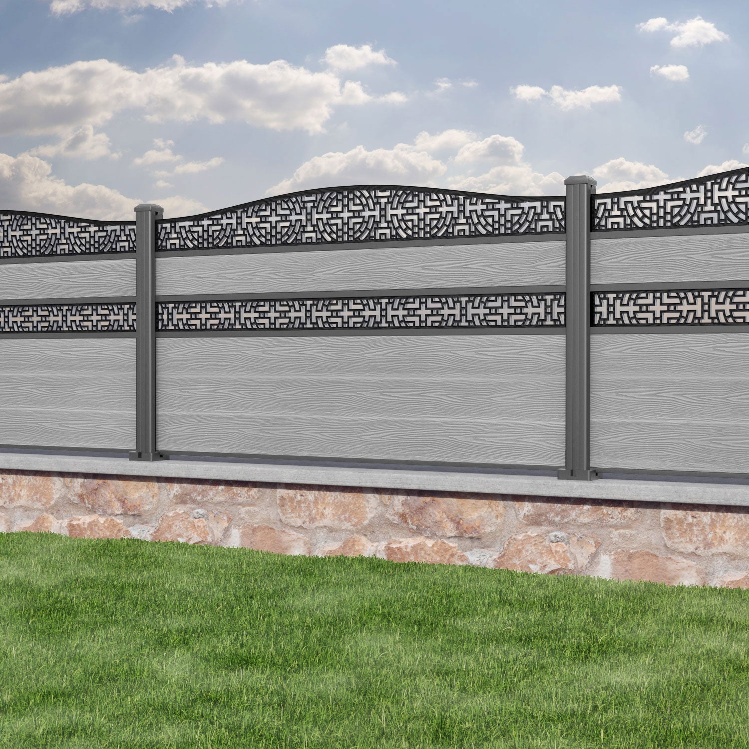 Classic Kumo Curved Top Split Screen Fence Panel - Light Grey Aluminum Privacy Fence with Sturdy Posts | Perfect for Backyard, Garden, and Patio Privacy Screening