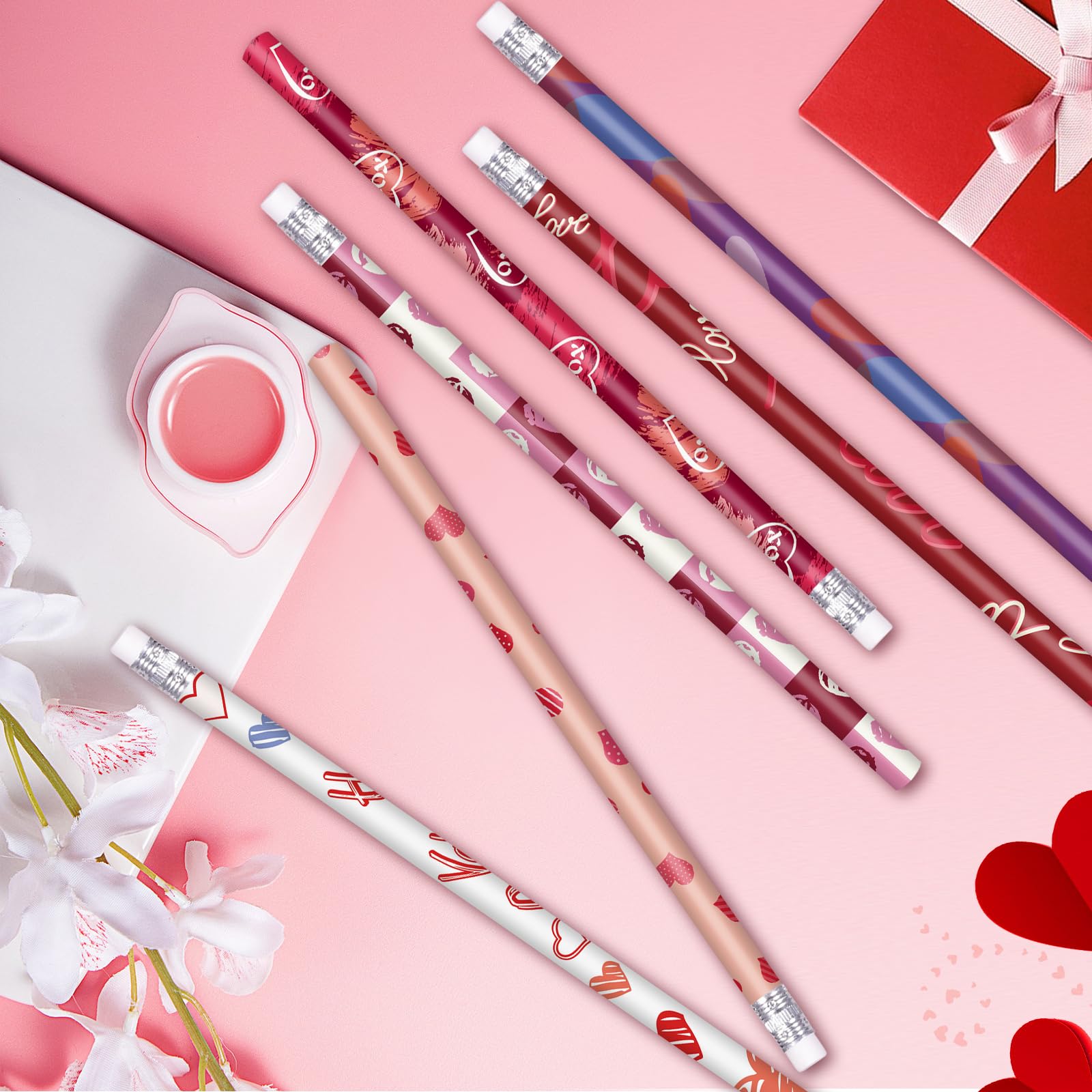 Valentine's Day Wood Pencils Bulk Pack with Erasers - 24 Count (6 Styles) for Classroom Parties, School Supplies & Holiday Gifts - Perfect for Valentine's Exchange, Teacher Appreciation & Student Rewards