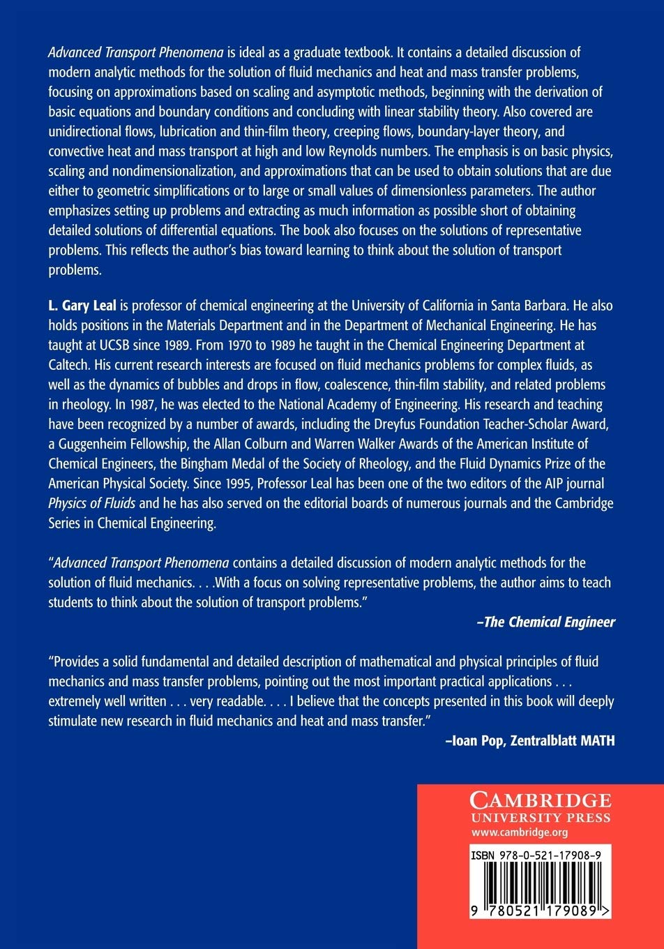 Advanced Transport Phenomena: Fluid Mechanics & Convective Transport Processes | Cambridge Chemical Engineering Series #7 | Textbook for Chemical Engineering Students & Researchers