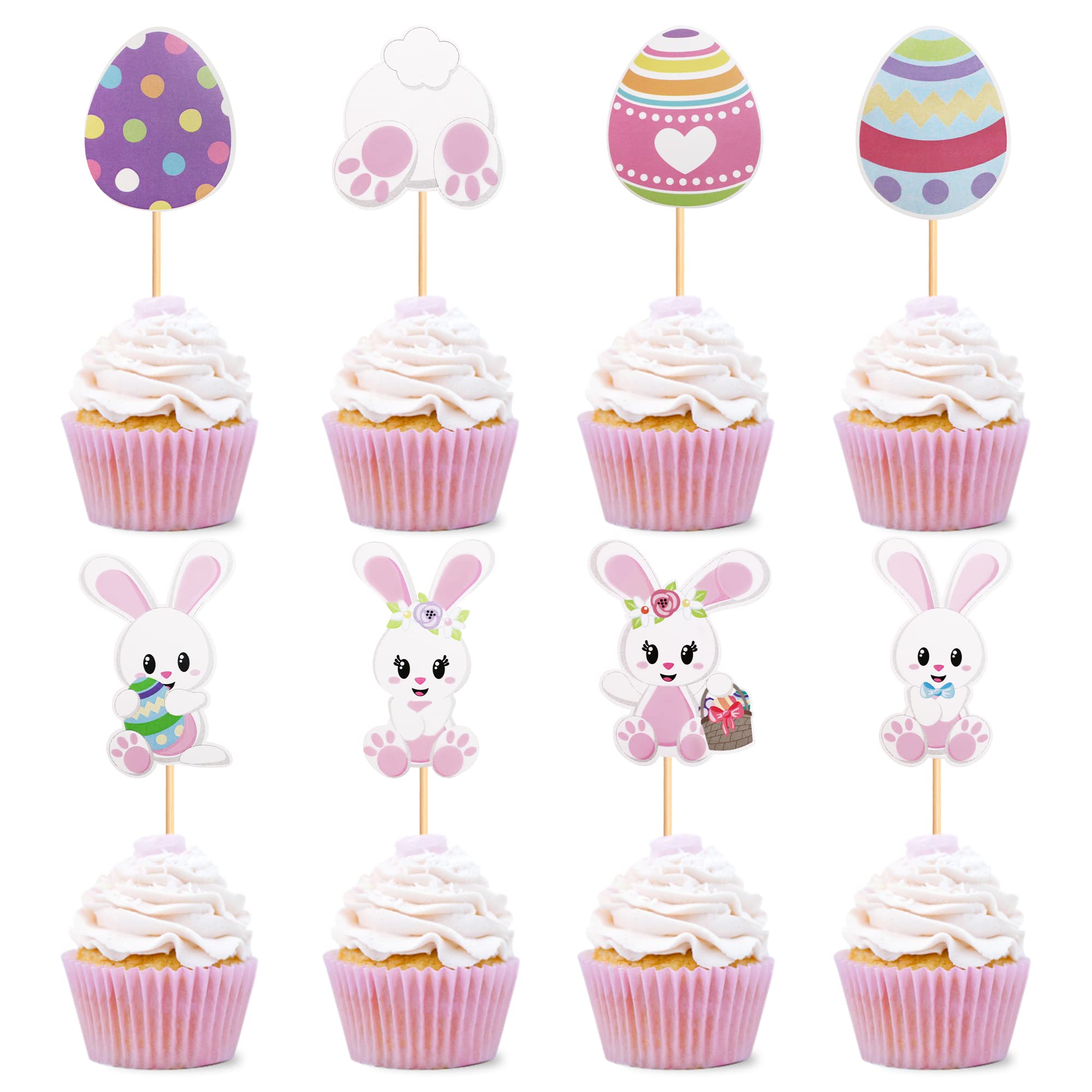 32 PCS Easter Bunny Cupcake Toppers - Cute Rabbit & Easter Egg Cake Decorations for Easter Party, Baby Shower, Spring Celebration (Bunny Back Design)