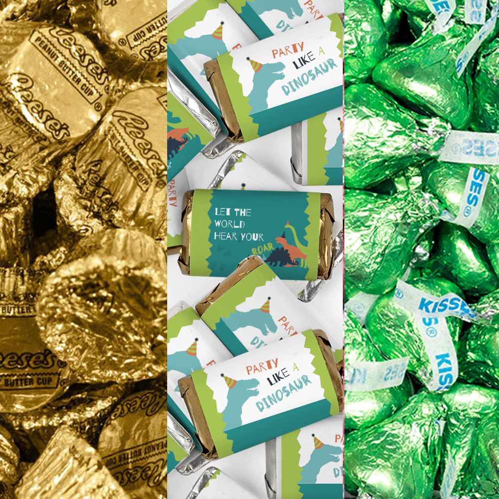 200pcs Personalized Dinosaur Birthday Party Favors Chocolate Candy Kit - Custom Wrapped Miniatures, Kisses & Peanut Butter Cups for Kids - Bulk Candy Buffet Supplies for Boys Birthday Party, Baby Shower & School Events
