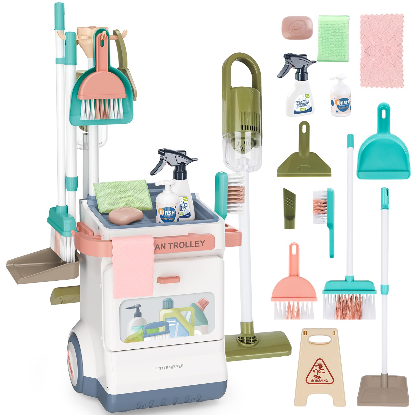 deAO 20-Piece Kids Pretend Play Cleaning Set - Real Working Vacuum Cleaner, Broom & Spray Bottle - Educational Toy Housekeeping Kit for Toddlers Ages 3-5 - Perfect for Role Play, Early Learning & Household Chores Practice