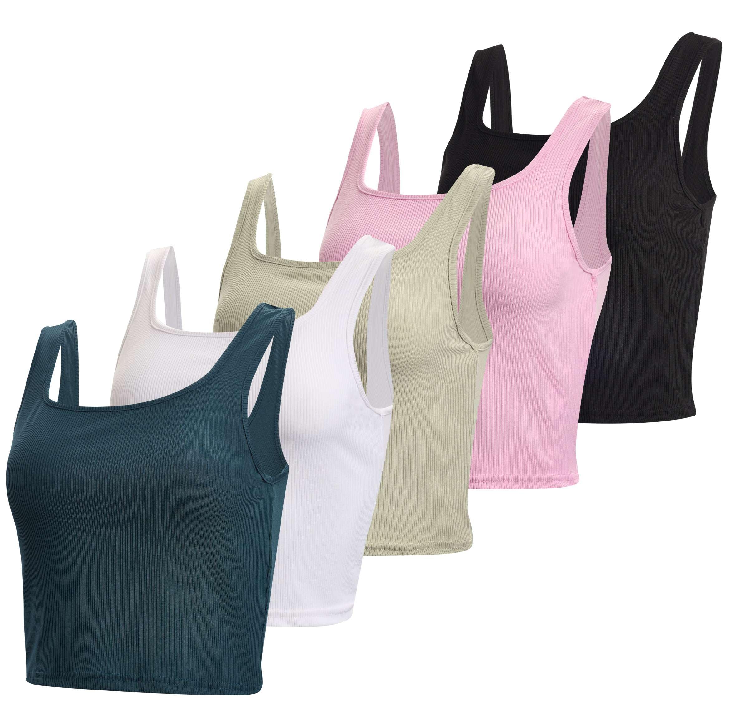 Real Essentials 5 Pack Women's Soft Knit Ribbed Square Neck Cropped Tank Tops - Sleeveless Summer Casual Tops for Yoga, Beach & Layering | Plus Size Options