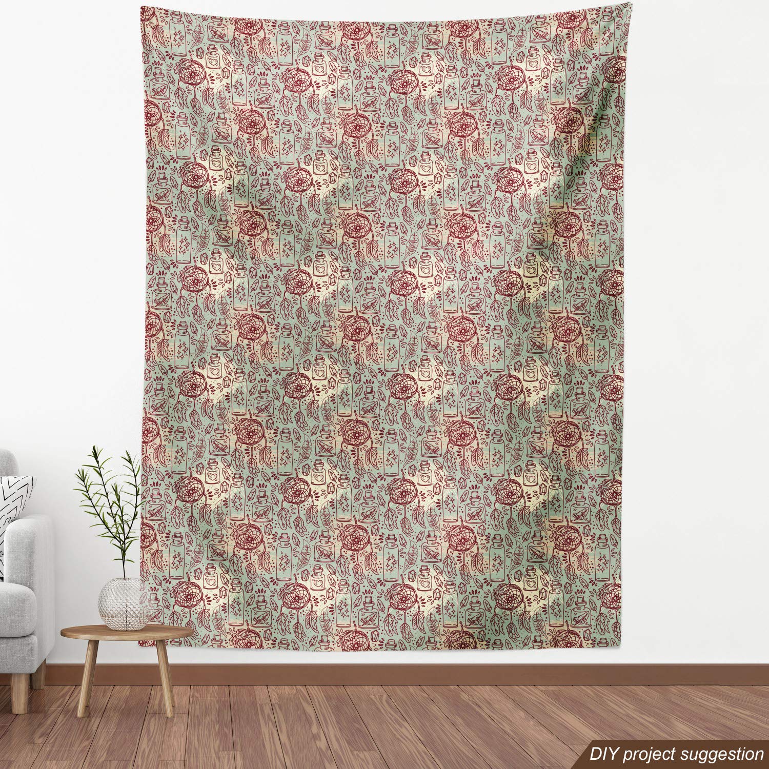 Ambesonne Bohemian Fabric by The Yard - Feathers, Crystals, Bottles, Alchemy Tribal Design with Dreamcatcher Pattern | Decorative Upholstery Fabric for Furniture, Curtains, Pillows & Home Decor | 10 Yards, Maroon Seafoam Ivory | Perfect for Boho Chic Living Rooms, Bedrooms & DIY Craft Projects