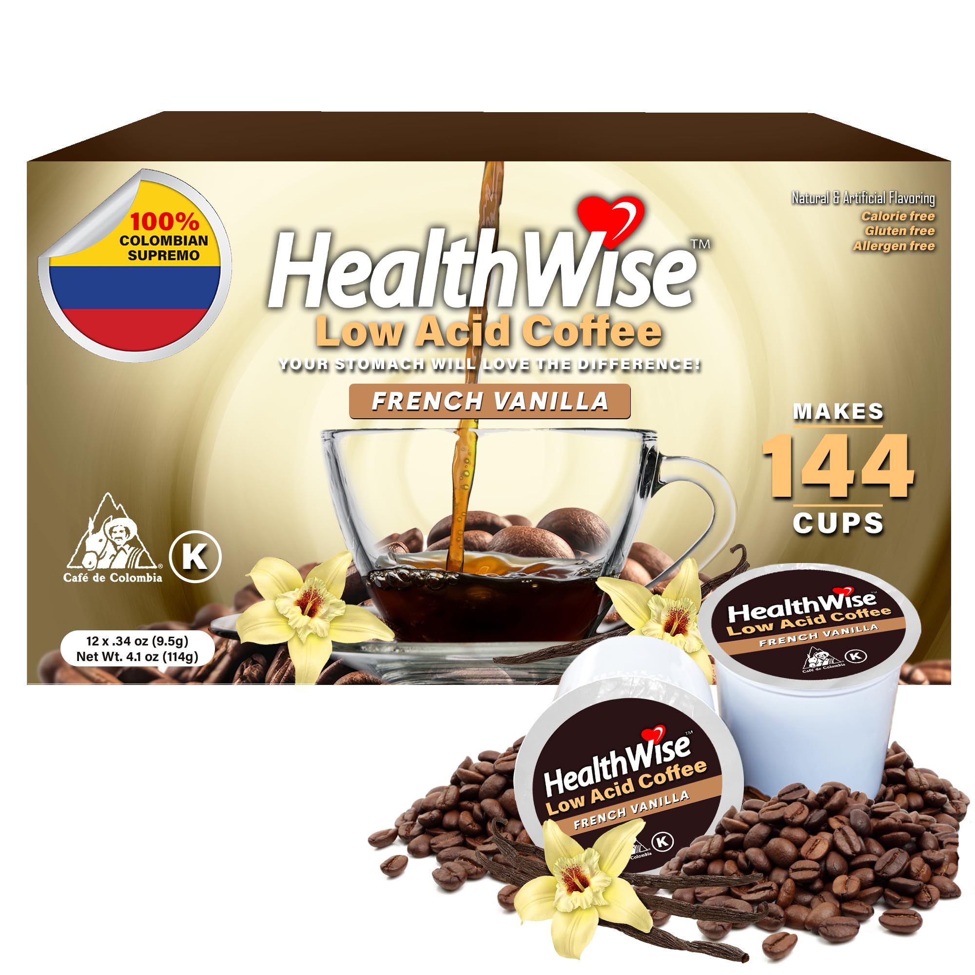 Healthwise Low Acid Coffee K-Cups - 100% Colombian Medium Roast French Vanilla Flavor | Gentle on Sensitive Stomachs | 144 Count (12 Packs) | Perfect for Home, Office & Morning Brews