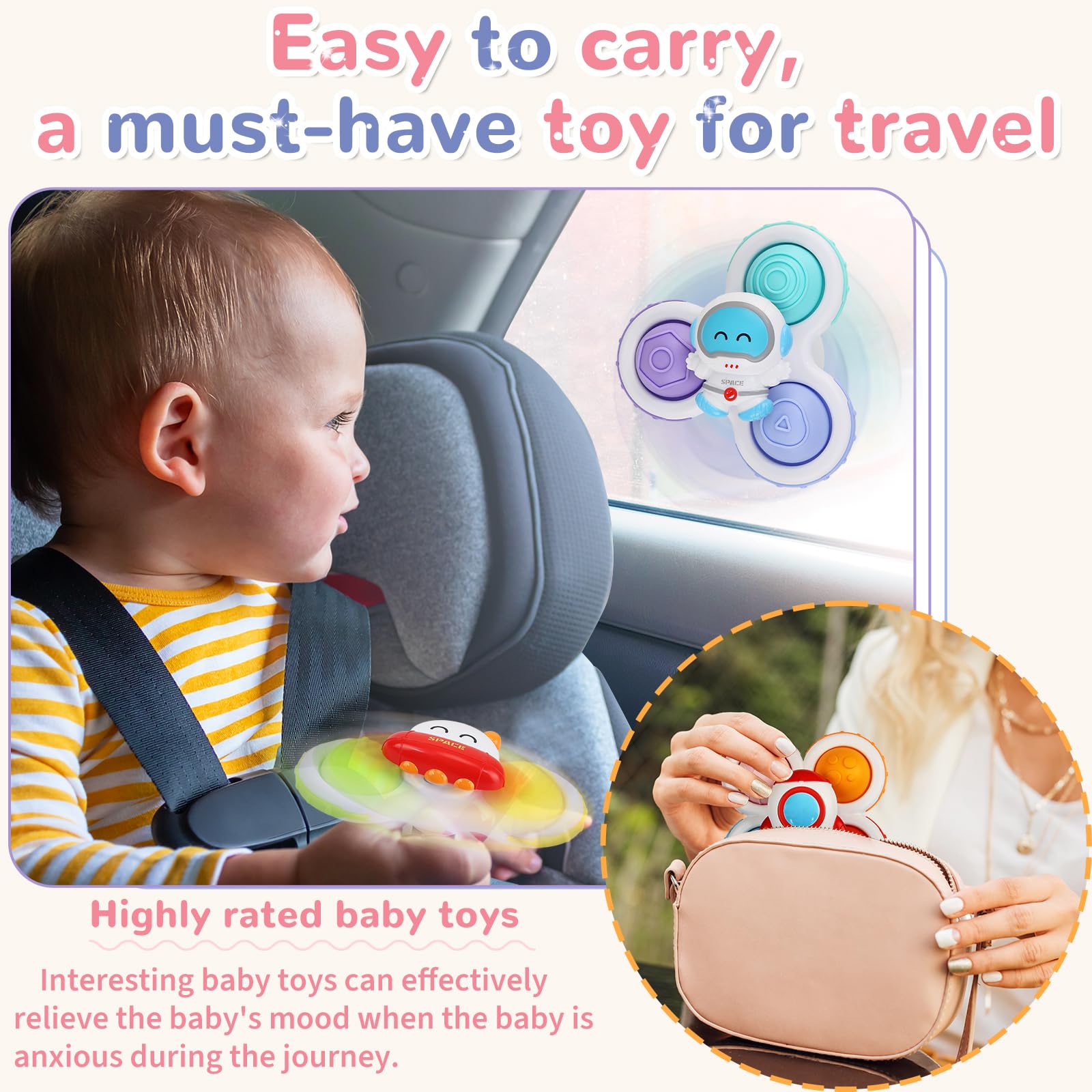 Sensory Toys for Toddlers 1-3 Years Old - 3 Pack Suction Cup Spinning Top Toys for Babies 12-18 Months | Fun Developmental Learning Toys for Boys & Girls | Perfect Gift for Birthday & Christmas (Spaceship Series) - Great for Sensory Play, Fine Motor Skills Development & Early Learning Activities