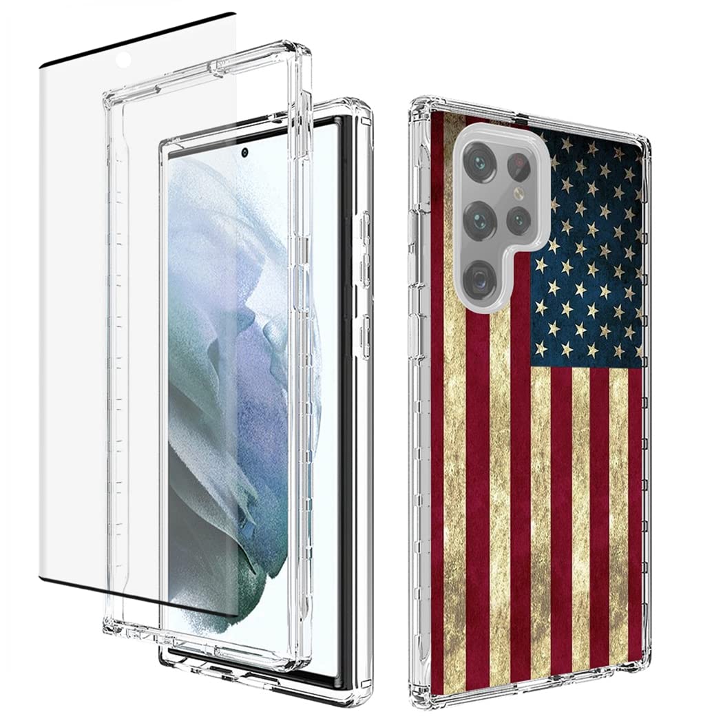Premium Clear USA Flag Phone Case for Samsung Galaxy S22 Ultra 5G (SM-S908U) with Tempered Glass Screen Protector - Slim Protective Cover for Everyday Use, Travel & Outdoor Activities