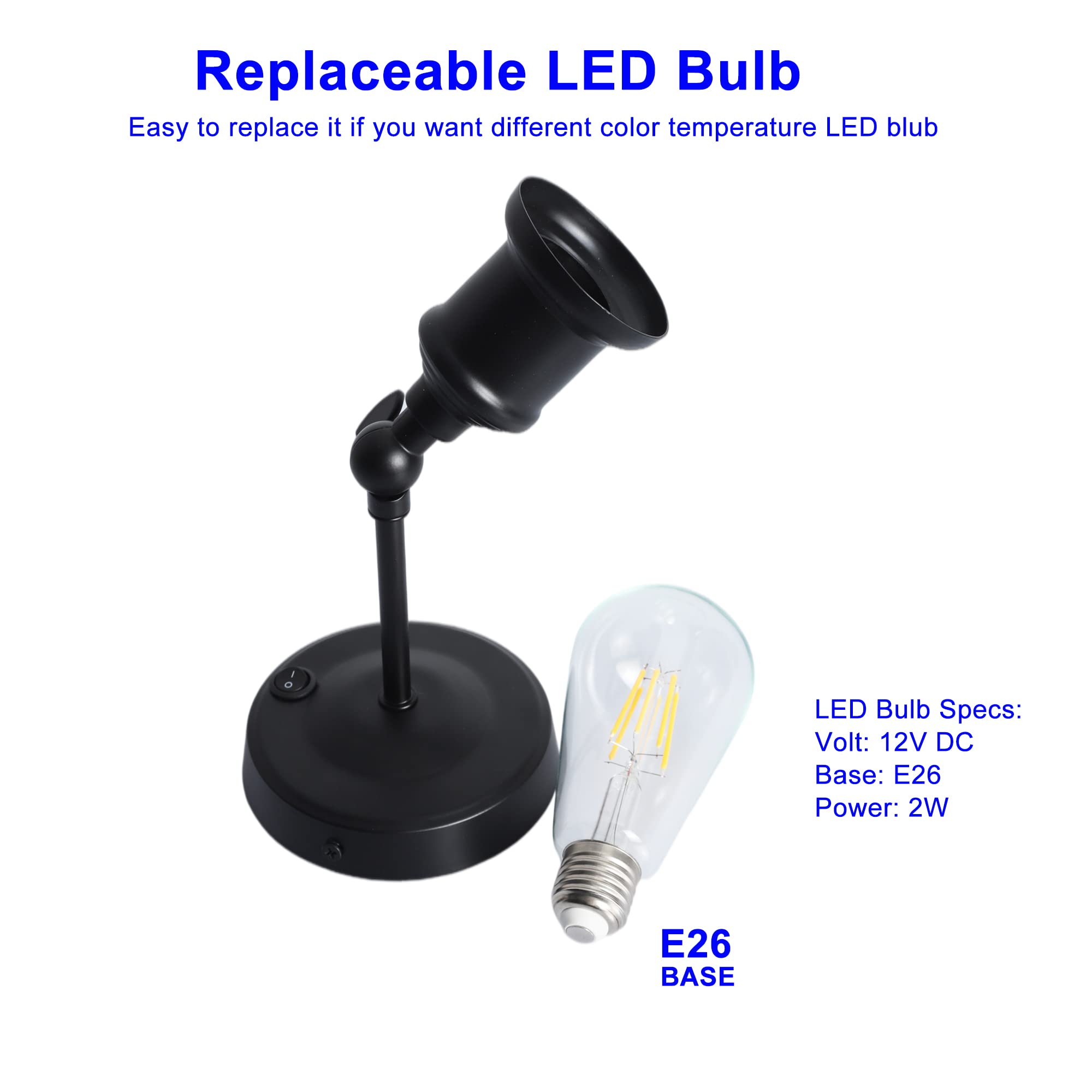 12V LED Wall Sconce Light Fixture with ON/Off Switch - Warm White Reading Lamp with Included E26 LED Bulb - Perfect for RV, Boat, Marine, Motorhome, Caravan & Home Bedroom Lighting