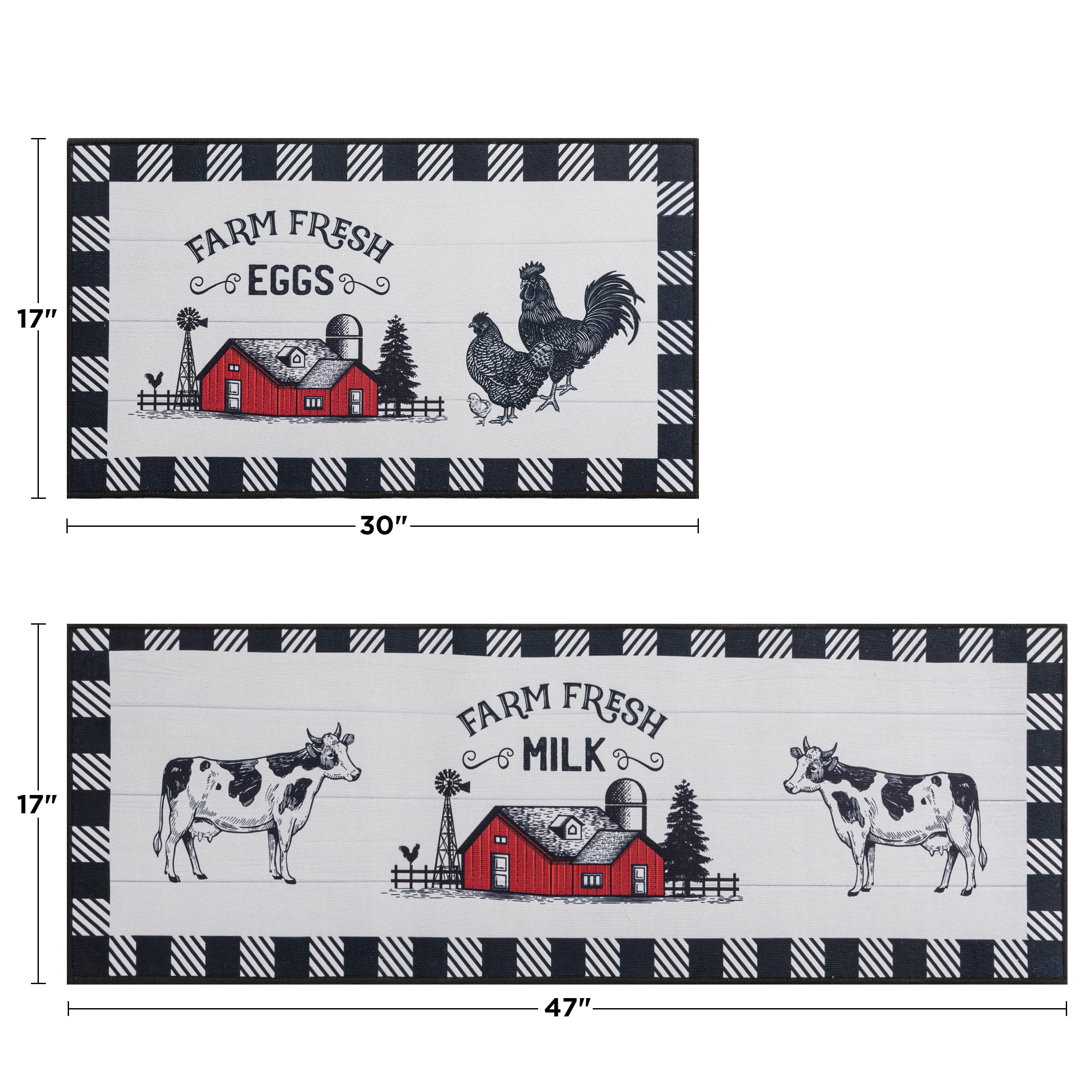 Farmhouse Kitchen Rugs Set of 2 - Non-Slip Washable Black and White Plaid Floor Mats - 17