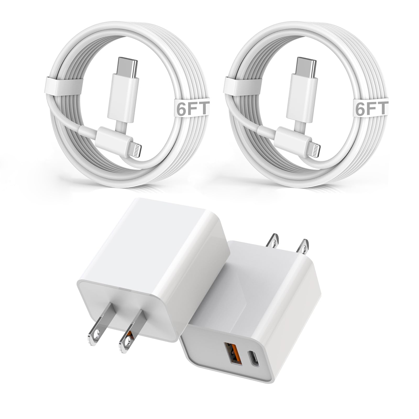20W Fast Charger for iPhone 14/13/12/11/Pro Max/Mini/XR/X - 2 Pack USB C Wall Charger with 6FT USB C to Lightning Cable - Quick Charge 3.0 Dual Port Adapter - Perfect for Home, Office & Travel Charging Needs