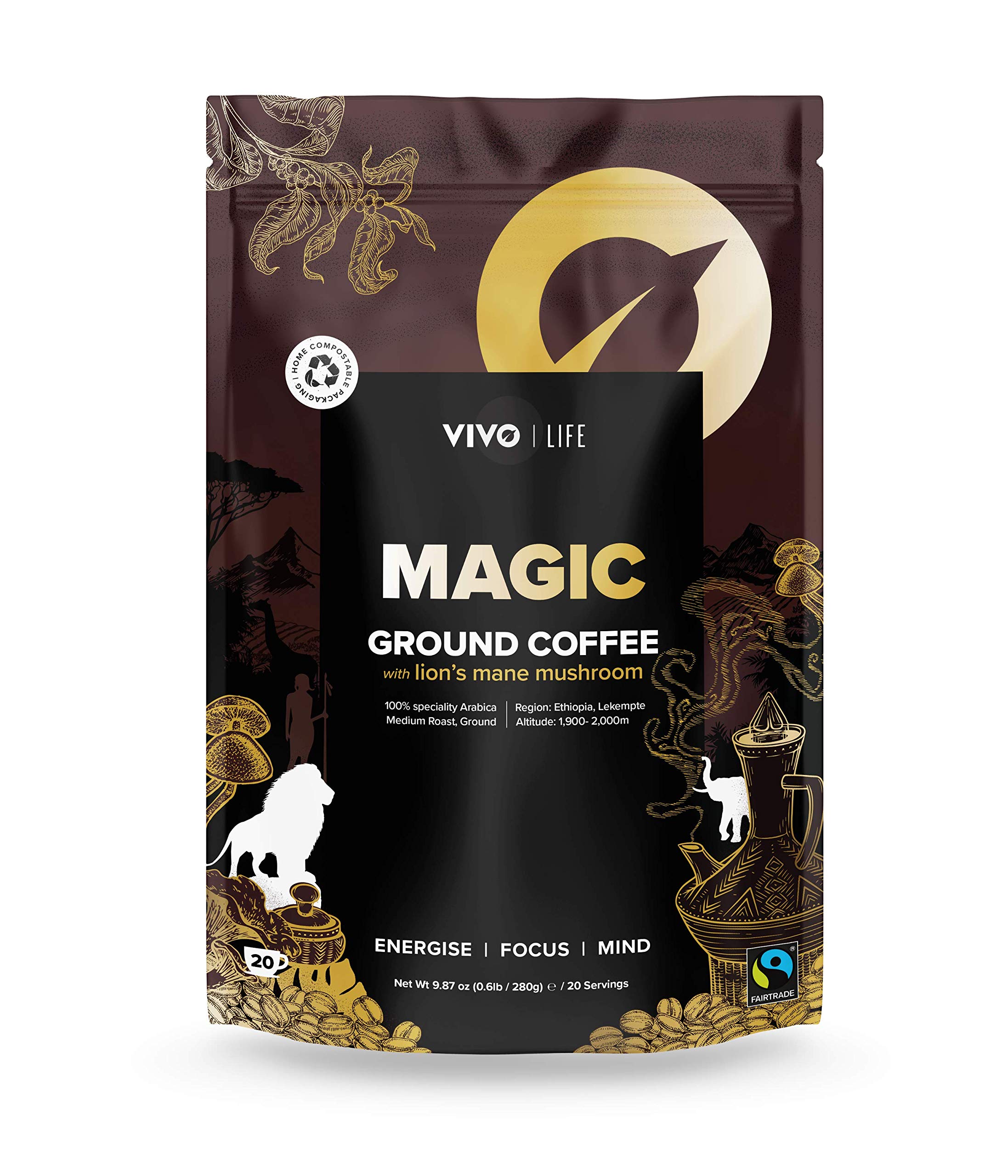 Organic Ground Coffee with Lion's Mane Mushroom - MAGIC COFFEE for Focus & Energy - 20oz Bag - Perfect for Morning Boost, Work Productivity & Wellness Routine