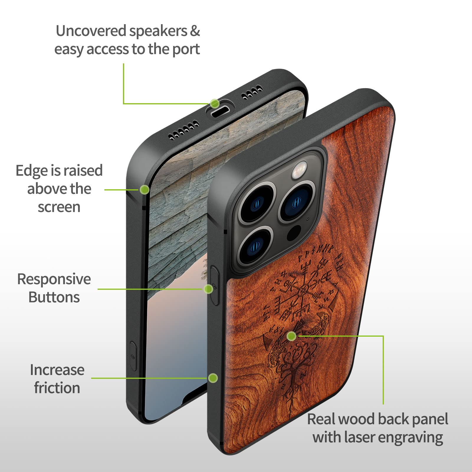 Carveit Magnetic Wood Case for iPhone 13 Pro Max - Natural Rosewood & Black TPU Shockproof Cover with MagSafe Compatibility | Viking Compass Vegvisir Design | Perfect for Outdoor Adventures & Daily Protection