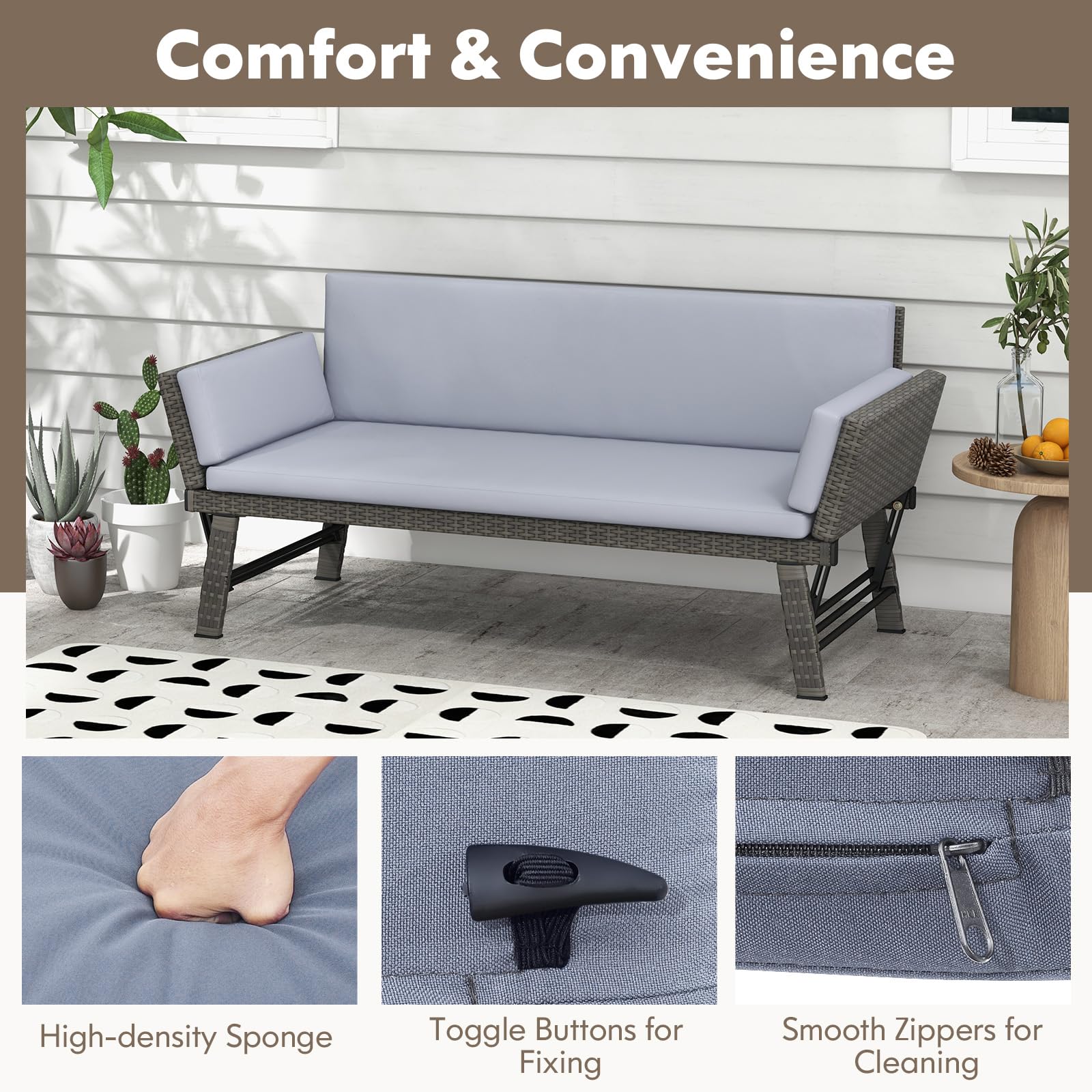 Tangkula Outdoor Convertible Sofa Daybed with Adjustable Armrests - PE Rattan Patio Couch with Thick Cushions - Gray - Perfect for Porch, Balcony, Backyard & Poolside Relaxation