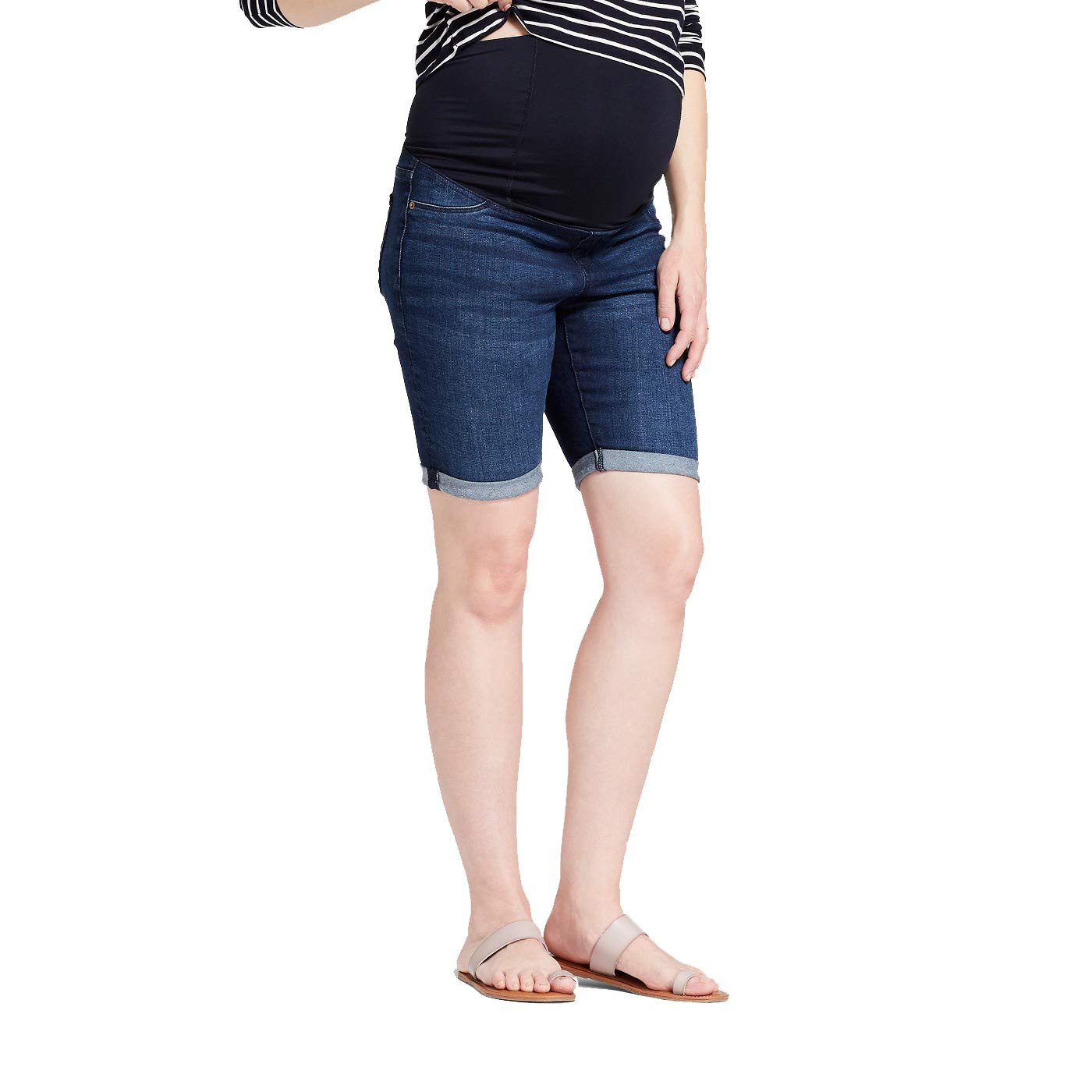 Ingrid & Isabel Women's Maternity Mid Rise Crossover Panel Bermuda Jean Shorts - Comfortable Stretch Denim Shorts for Pregnant Women - Dark Wash Size 2 - Perfect for Summer, Casual Outings & Maternity Wear