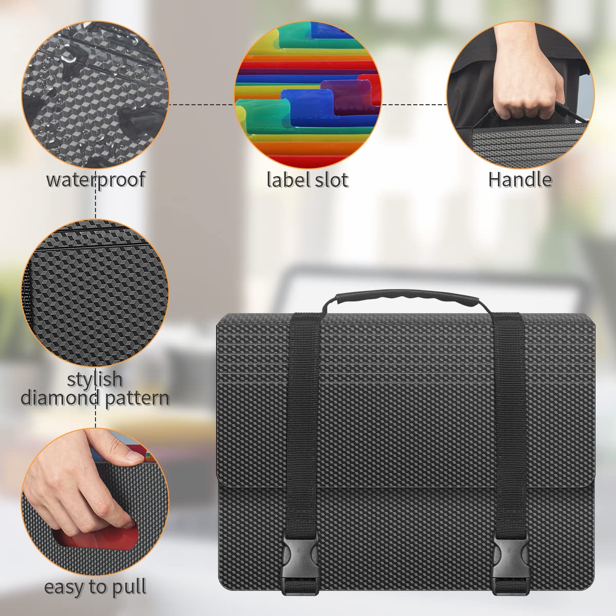 25-Pocket Expanding File Folder Organizer with Handle - Portable Accordion File Box for Receipts, Bills & Documents (A4/Letter Size) | 2 Adjustable Straps & Diamond Pattern | Perfect for Office, Home & Travel Organization