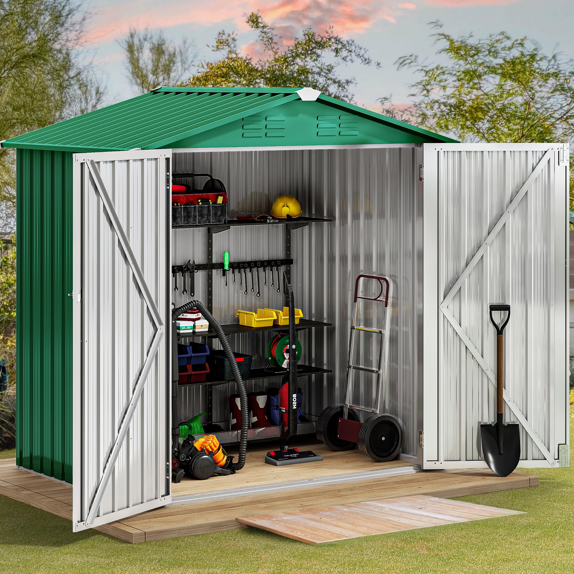 DWVO 6' x 4' Heavy Duty Outdoor Metal Storage Shed - Lockable Doors & Air Vent for Backyard, Patio, Lawn - Perfect for Storing Bikes, Tools, Lawnmowers (Green) | Durable Garden & Workshop Storage Solution