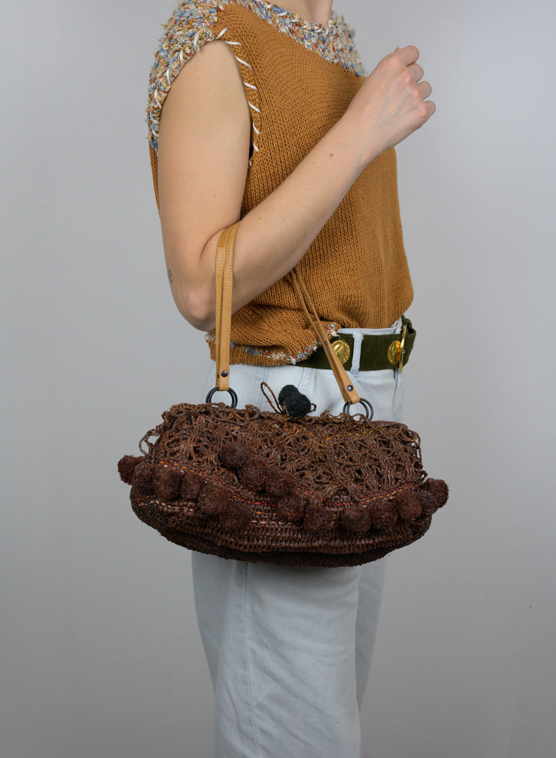 Jamin Puech Straw Borsina Handbag with Pom Pom - Brown Woven Crossbody Bag for Women | Perfect for Beach, Travel and Everyday Use