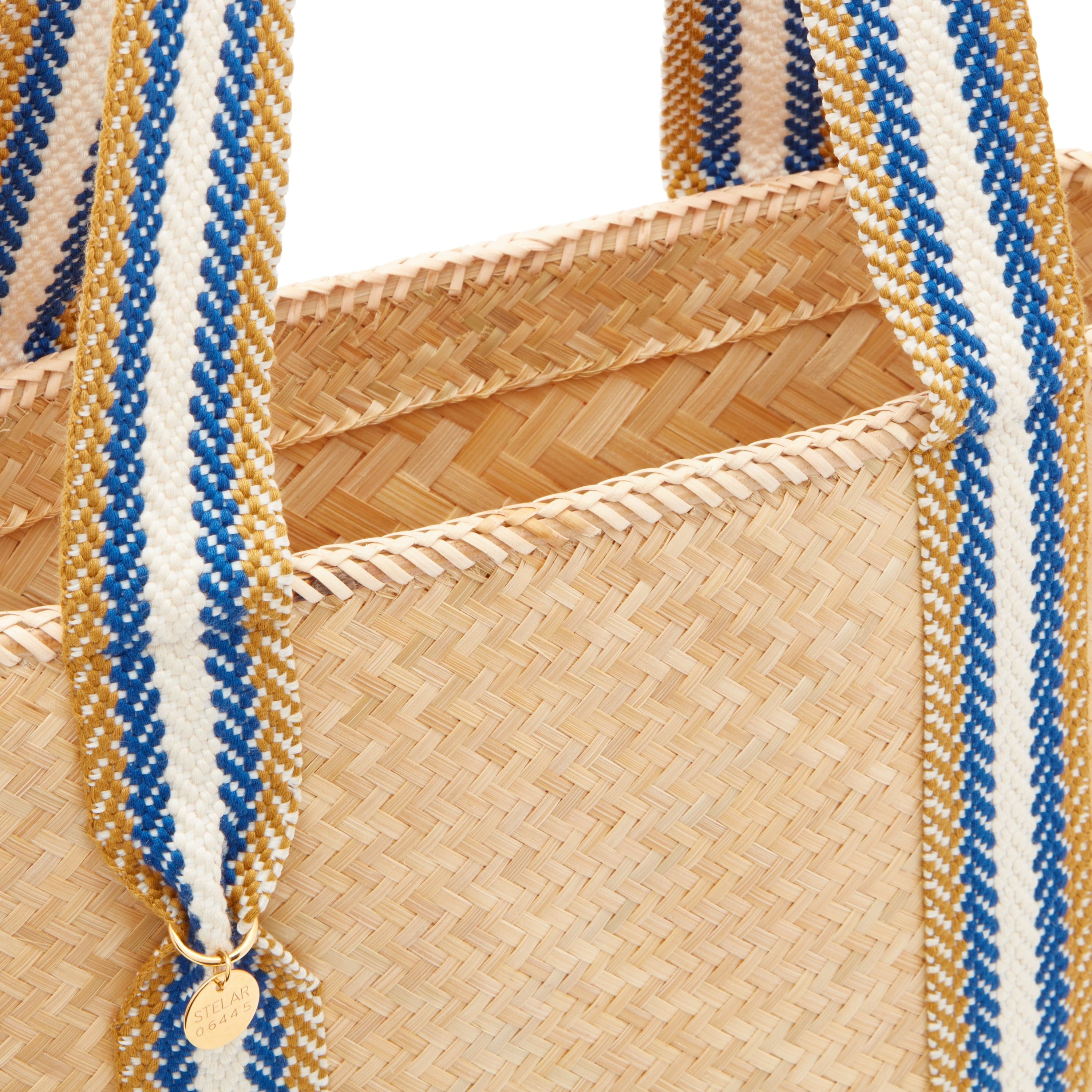 Mentawai Handwoven Bamboo Vegan Small Tote Bag - Eco-Friendly Natural & Blue Stripe Women's Purse for Beach, Shopping & Daily Use