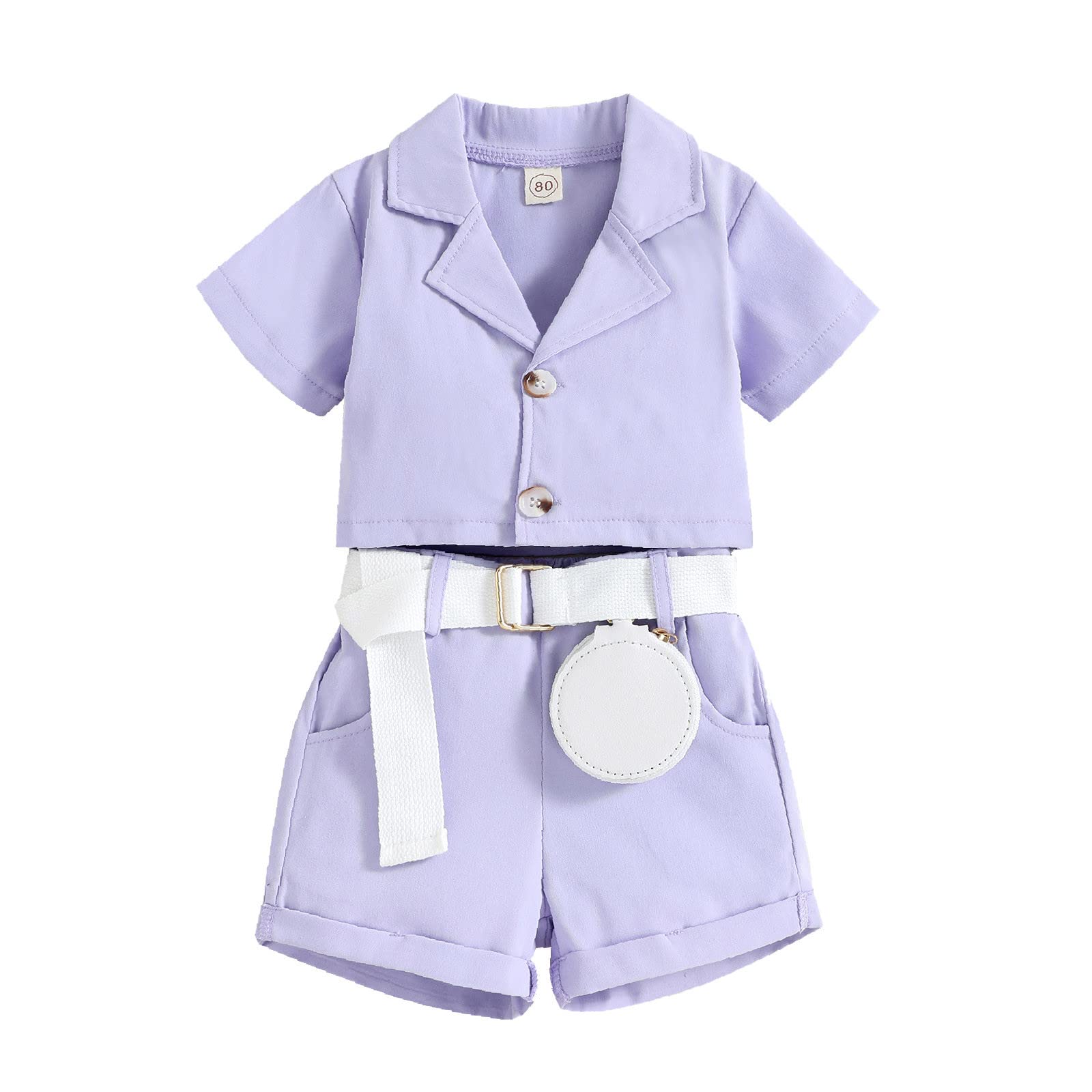 Toddler Girls Summer Outfits Set - Short Sleeve Jacket, Shorts & Waist Bag | Cute Solid Color 2-Piece Set for Infants | Perfect for Beach, Park & Outdoor Play