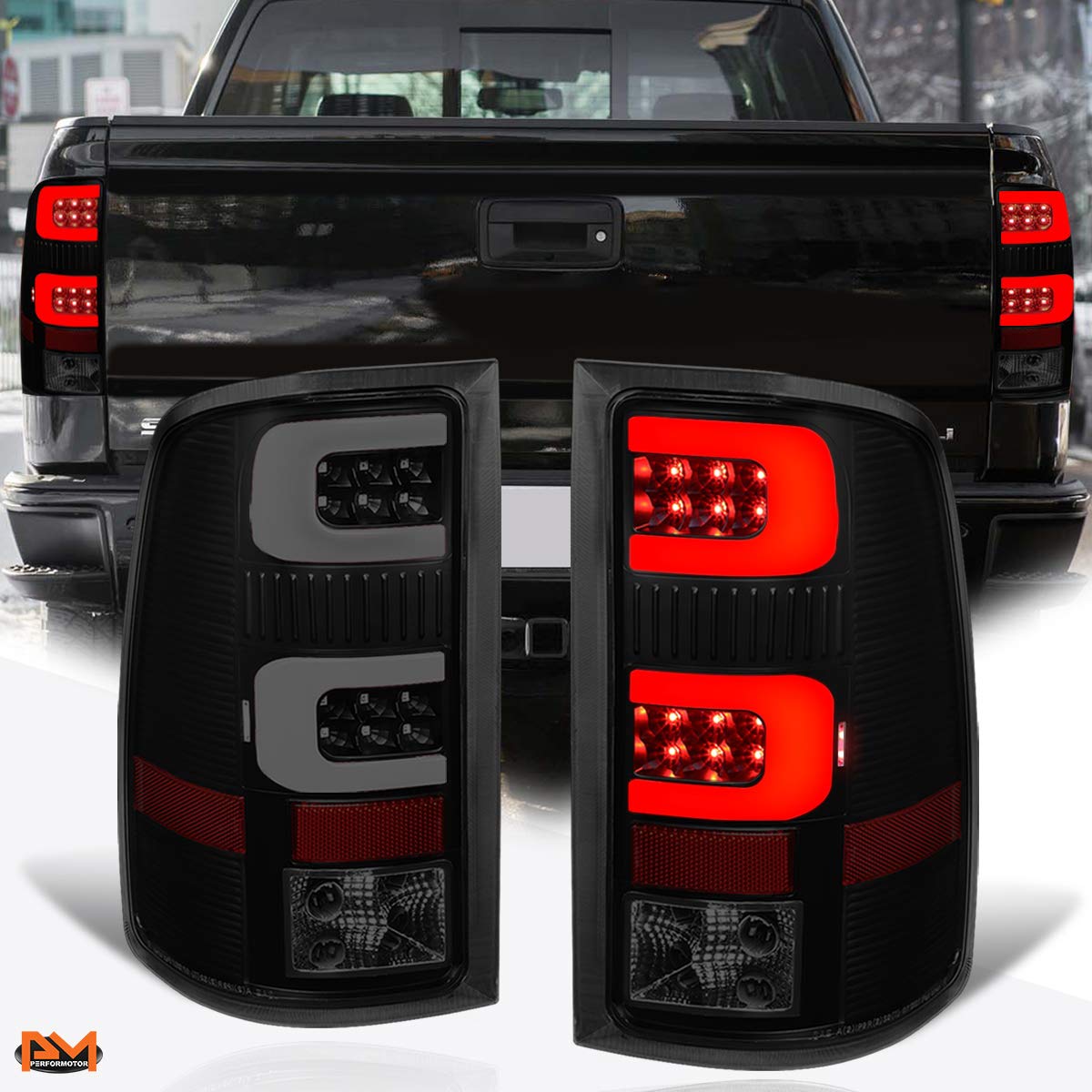 PM PERFORMOTOR C-Shape 3D LED Tail Lights Brake Lamps Assembly for 07-14 GMC Sierra - Black Housing & Smoked Lens - High Visibility & Style Upgrade for Night Driving & Custom Look