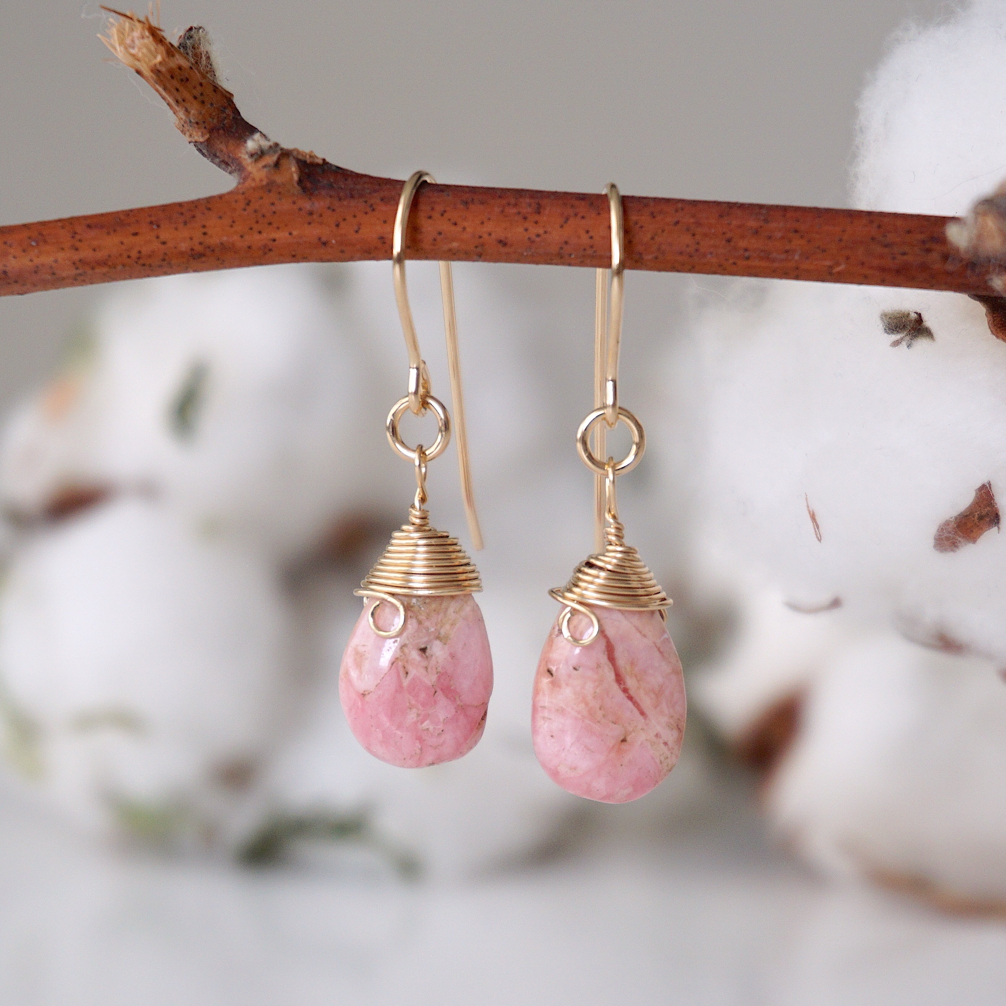 Rhodochrosite Teardrop Earrings - 14k Gold Filled Dangle Earrings for Women, Elegant Gemstone Jewelry Gift for Birthday, Anniversary & Special Occasions