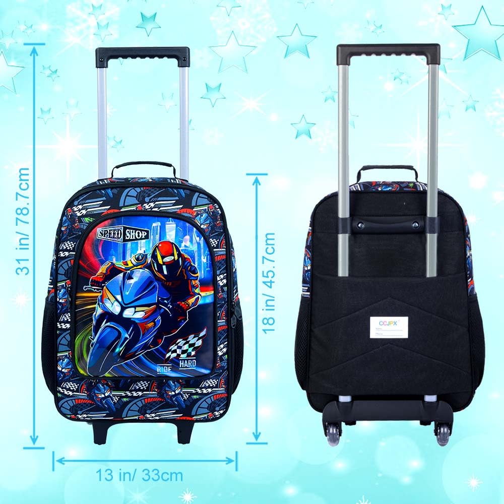 Boys Rolling Suitcase - Water Resistant Kids Luggage with Motorcycle Design for Travel, School & Preschool | Perfect for Airplane Carry-On, Weekend Trips & Daily Use