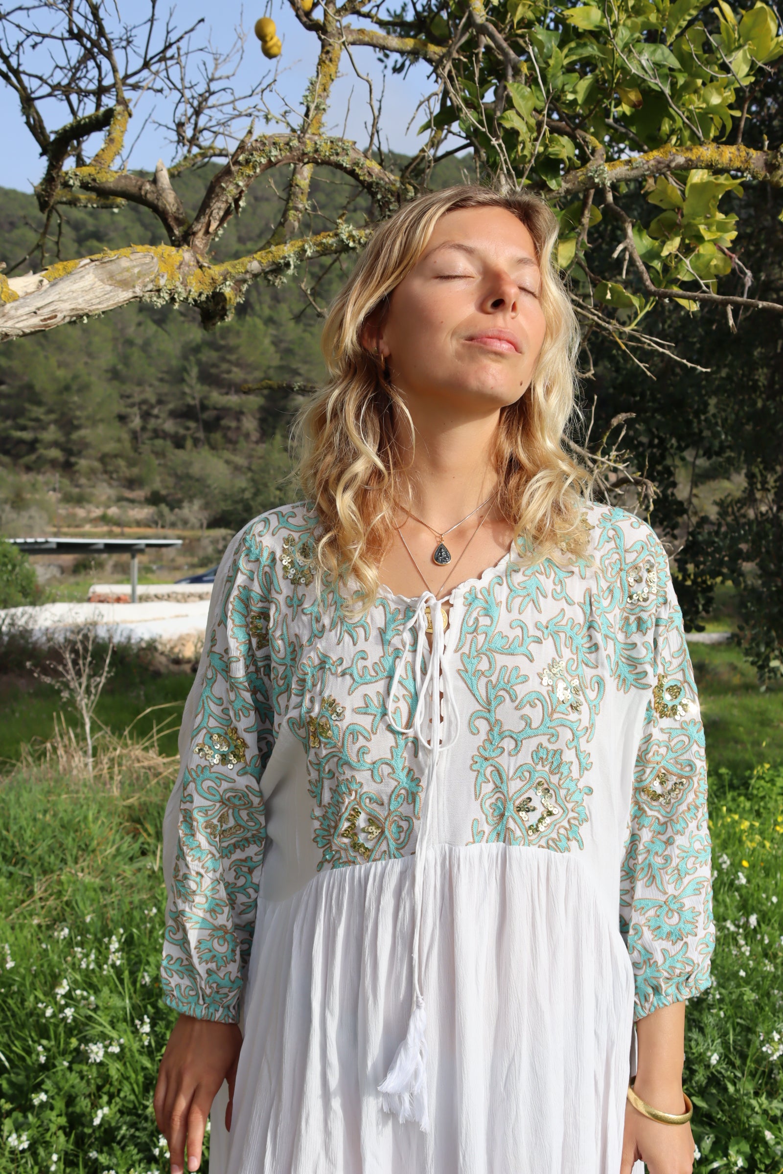 Lio Lux Kaftan - White & Turquoise Boho Beach Cover Up for Women | Lightweight Summer Dress for Vacation, Poolside, and Resort Wear