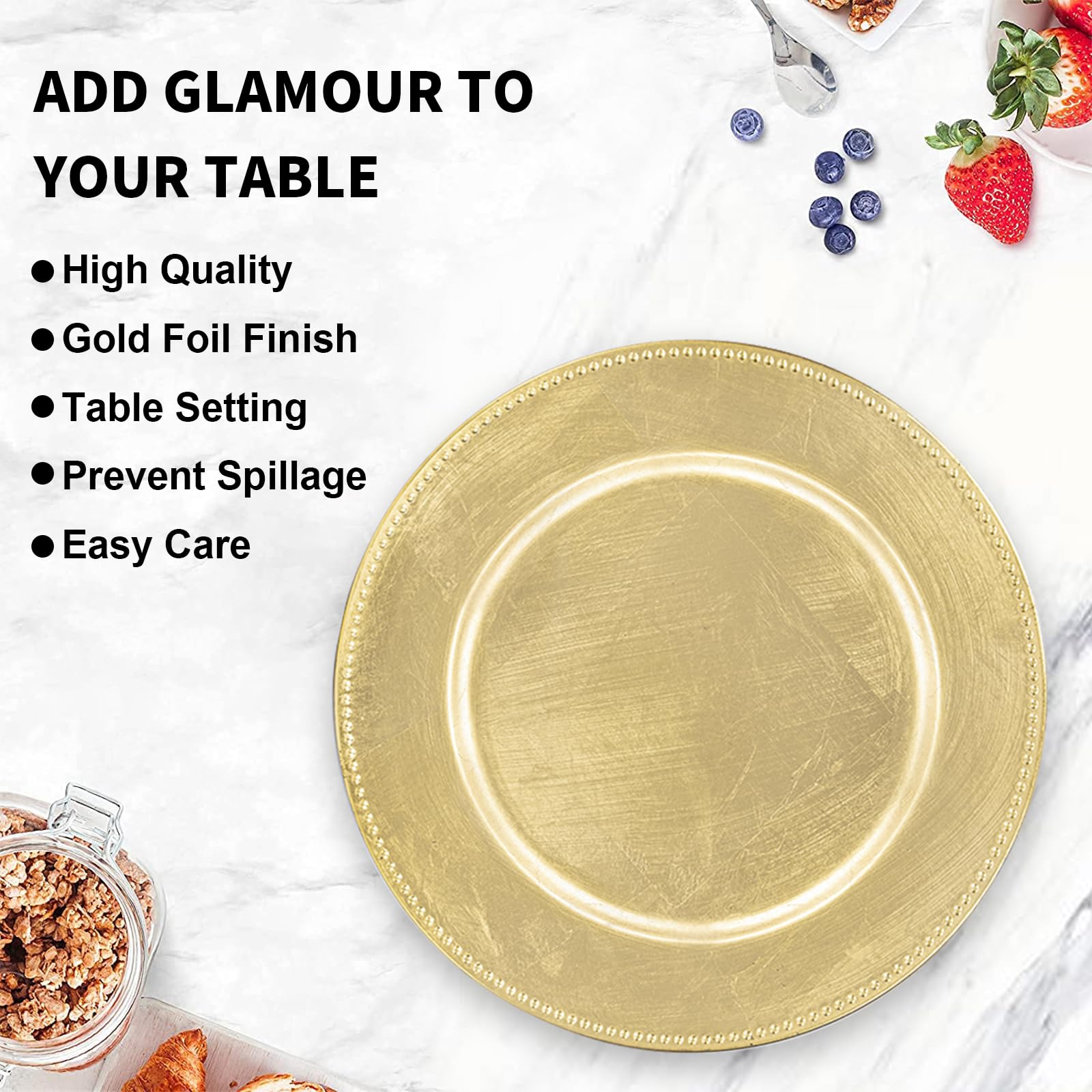 MAONAME 50-Pack Gold Foil Charger Plates 13 Inch - Elegant Beaded Plastic Round Chargers for Wedding, Party & Formal Dinner Table Settings - Bulk Disposable Plates for Events, Banquets & Home Decor