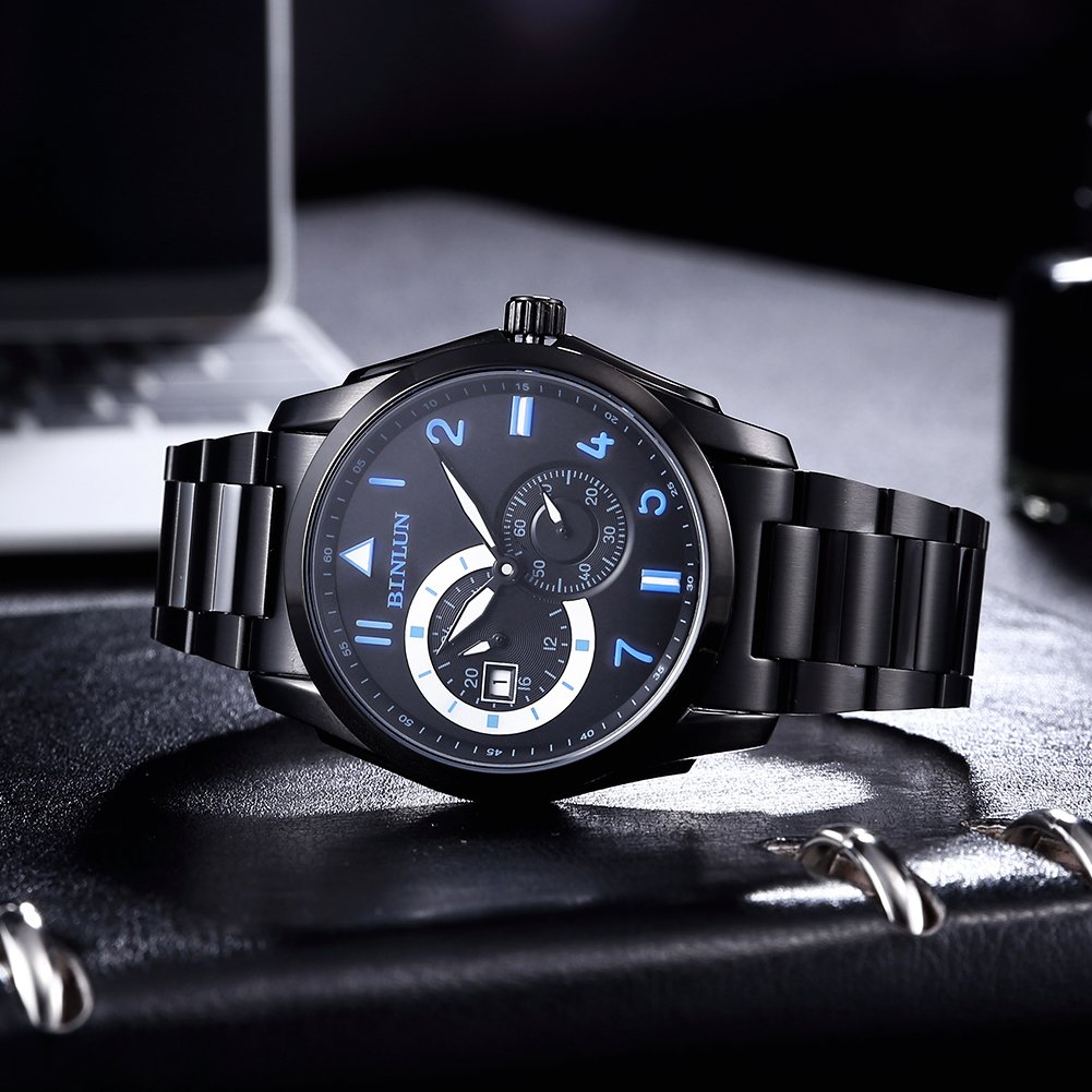 BINLUN Black Men's Automatic Waterproof Military Watch - Stainless Steel Wristwatch with Date Display - Perfect for Father's Day, Christmas Gifts, Outdoor Adventures & Formal Occasions