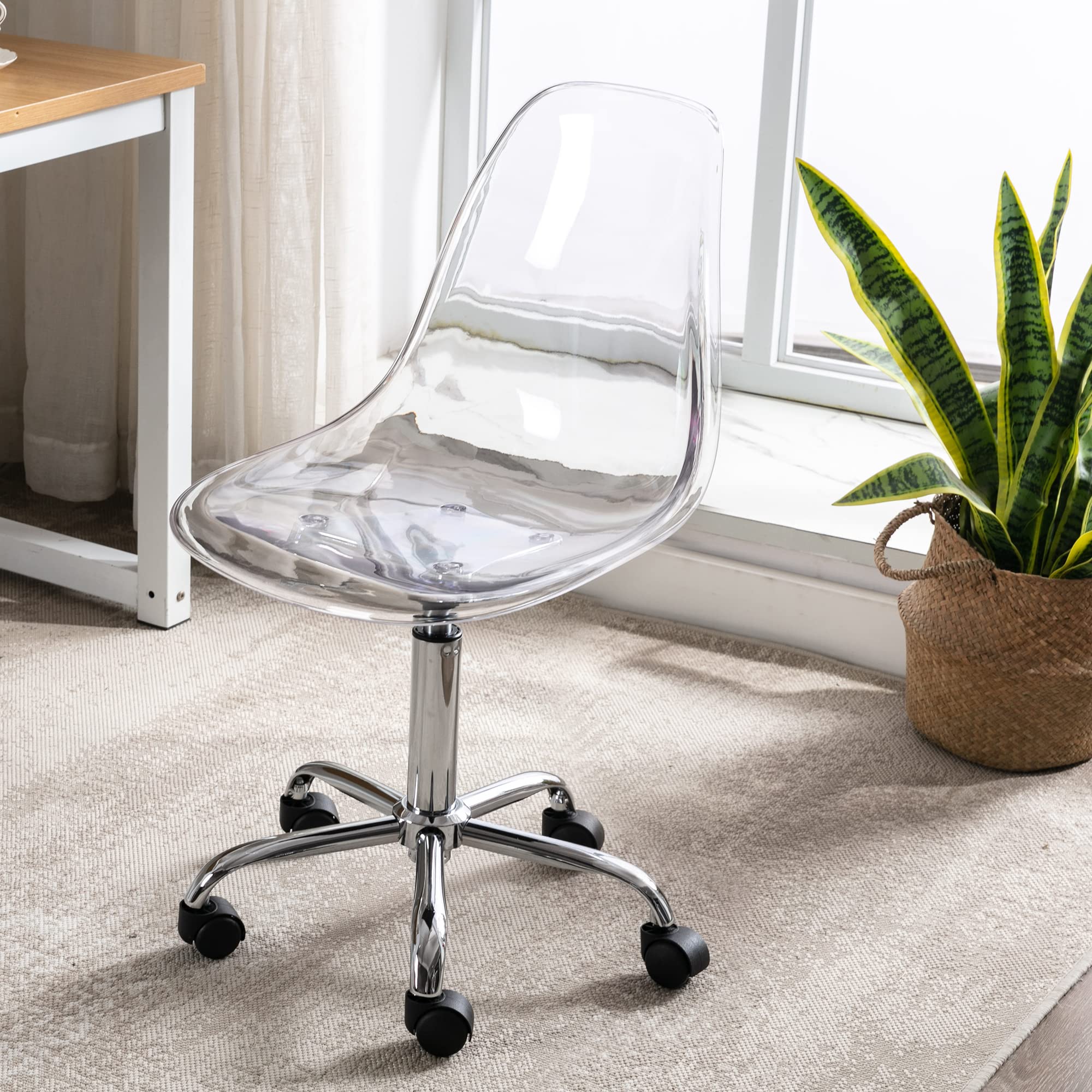 Modern Clear Acrylic Desk Chair - Adjustable Height Armless Rolling Office Chair for Home & Workspace - Small Cute Plastic Vanity Chair with Wheels - Perfect for Home Office, Study Room, Makeup Station & Modern Decor