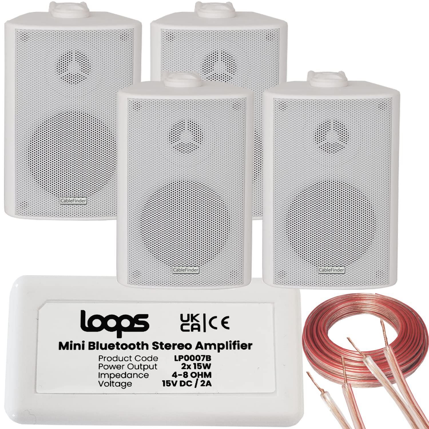 Loops Wireless Bluetooth Amplifier & 4x 60W White Wall Mounted Speaker Kit – HiFi Active Audio System for Home Theater, Streaming Music, and Background Sound | Perfect for Living Rooms, Parties, and Outdoor Entertainment