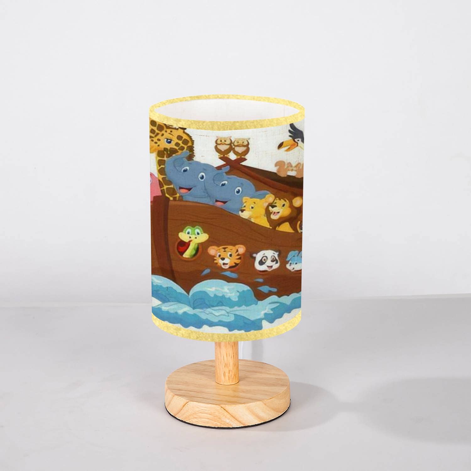 Noah's Ark Cartoon Wood Nightstand Lamp - Minimalist Bedside Table Light with Wood Base & Flaxen Fabric Shade for Bedroom, Living Room, Nursery - Perfect for Reading, Relaxing & Creating Cozy Atmosphere