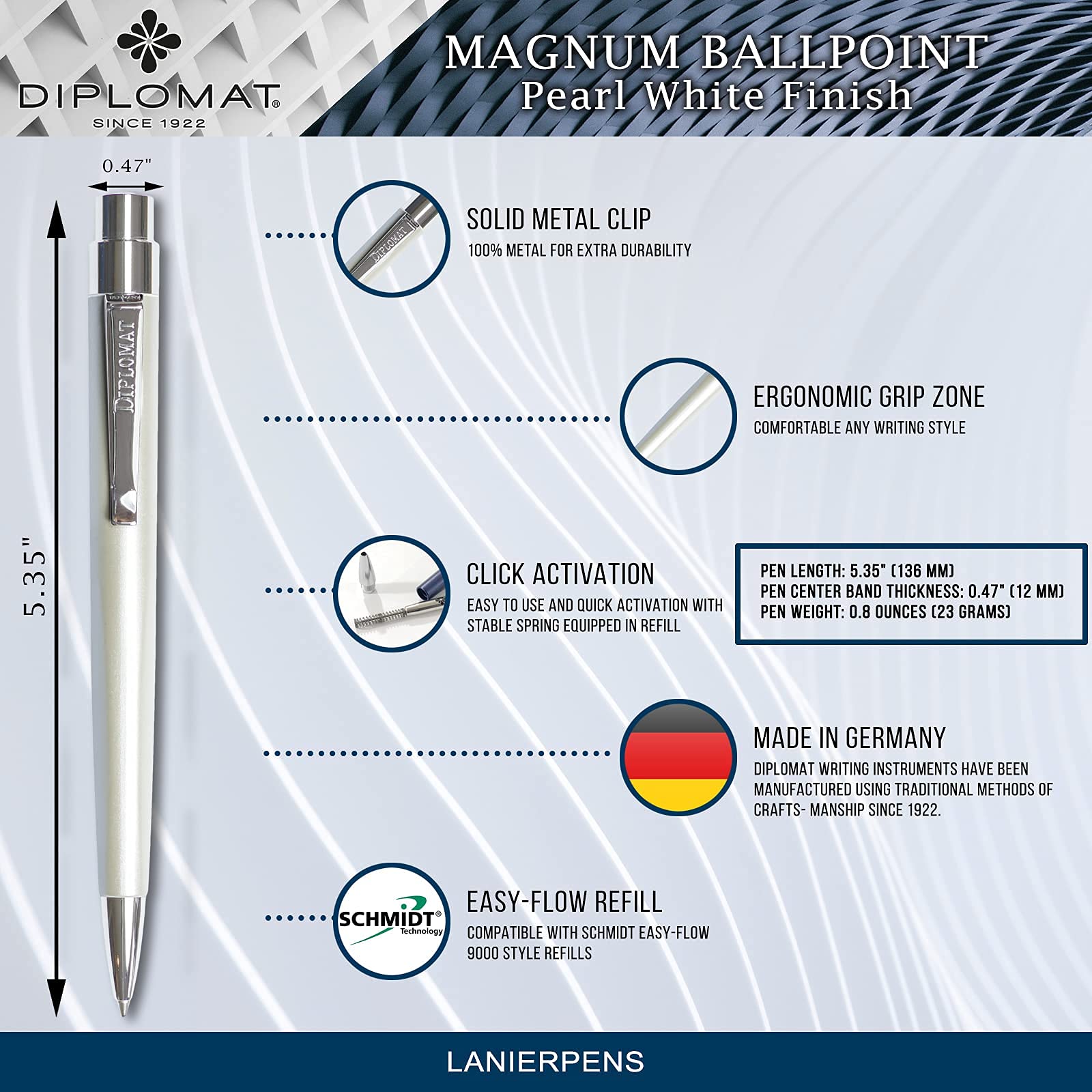 Lanier Pens Diplomat Magnum Pearl White Ballpoint Pen Set - Premium Writing Gift for Professionals, Students & Office Use