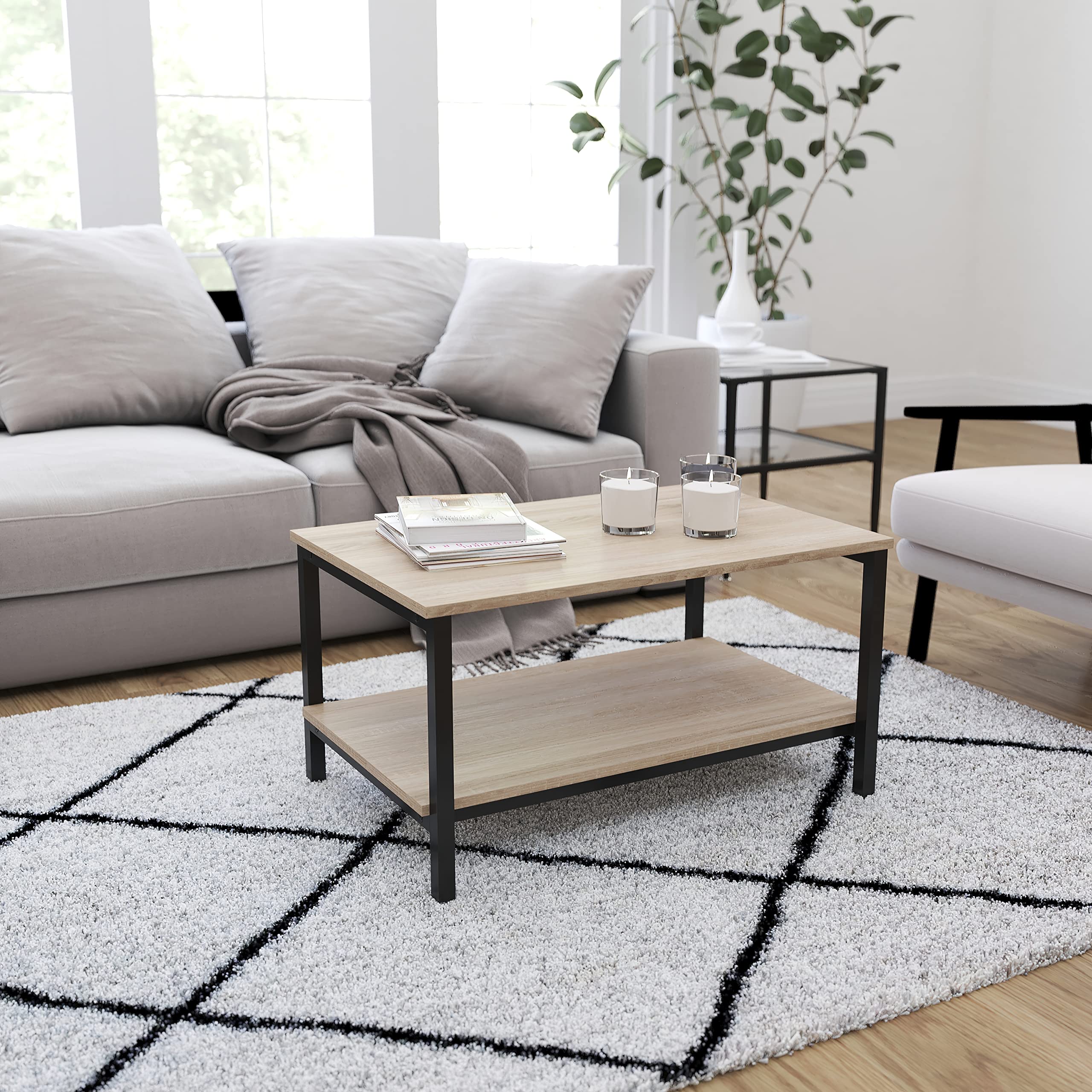 **Merrick Lane Bromwell Rustic Driftwood Coffee Table with Storage Shelves - Black Frame Modern Farmhouse Coffee Table for Living Room, Dining Room & Kitchen - Perfect for Small Spaces & Home Decor**