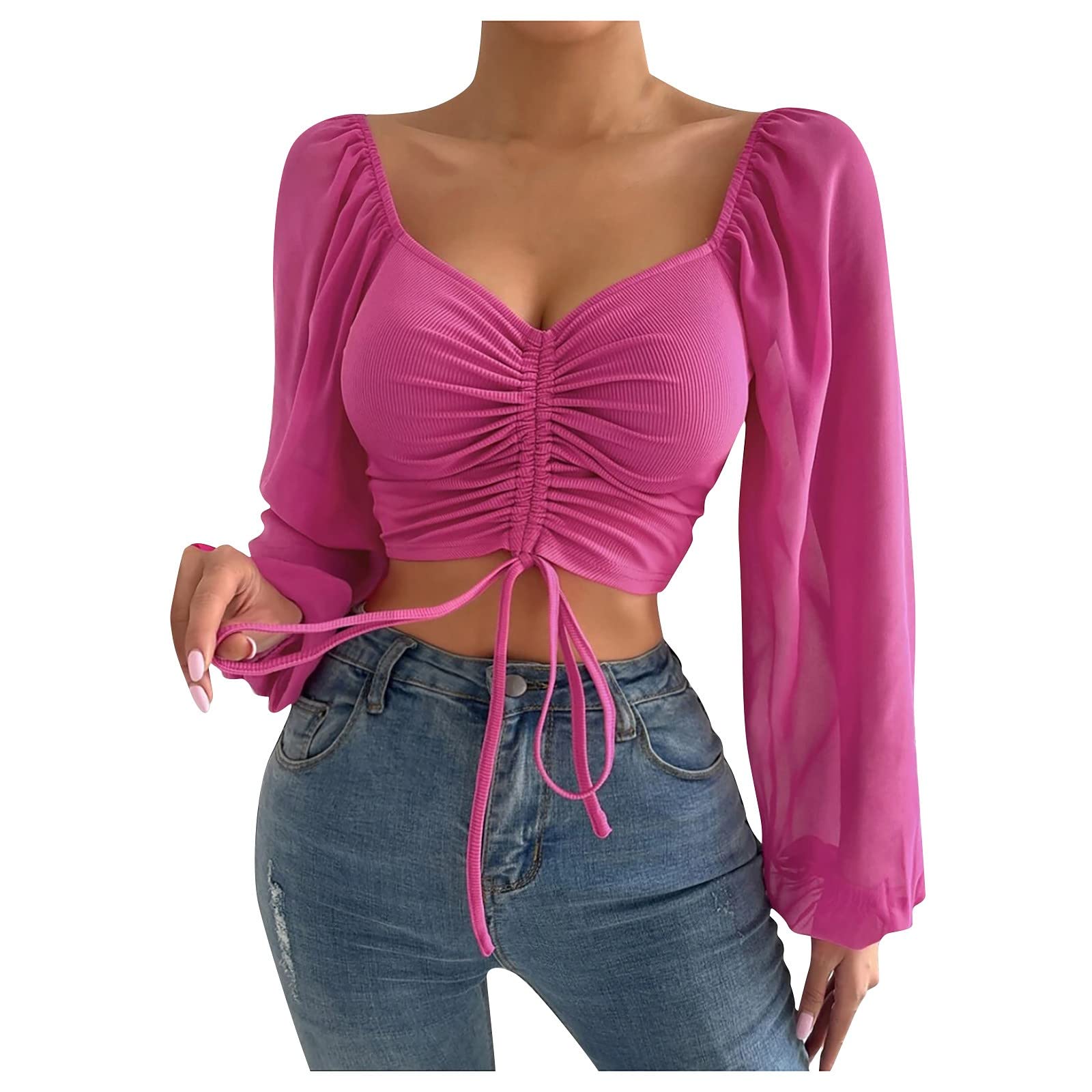 Sexy Women's Crop Tops - Long Sleeve Ruched Square Neck Cami Blouse for Going Out & Club Wear | Perfect for Parties, Dates & Nightlife