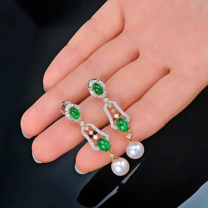 CAIMAO 2.31ctw Natural Cabochon Emerald & Diamond 8mm Pearl 18K Multi-Tone Gold Vintage Drop Earrings for Women | Elegant Evening Wear, Wedding Jewelry Gift