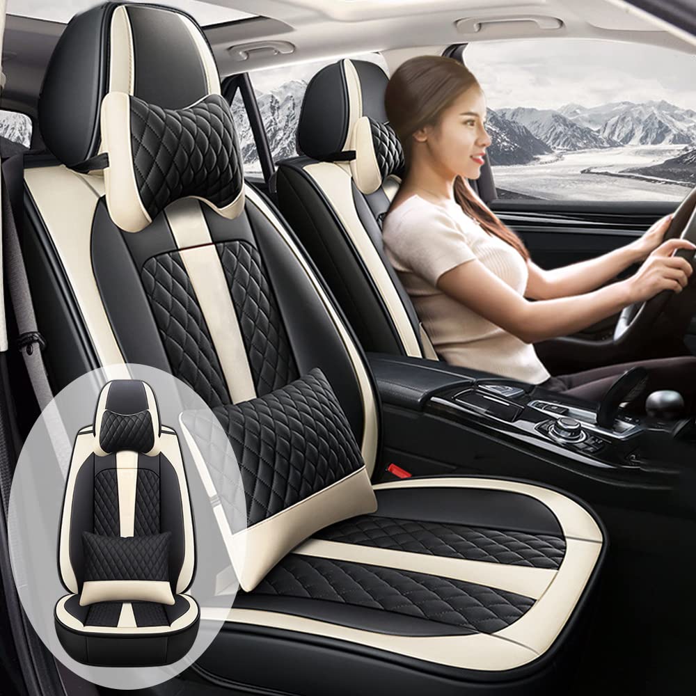 Premium Luxury Leather Car Seat Covers for Peugeot 508 GT Line & Hybrid - Waterproof, Scratchproof, Non-Slip, Airbag Compatible Full Set (Black/Beige) - Perfect for Daily Commute & Long Road Trips