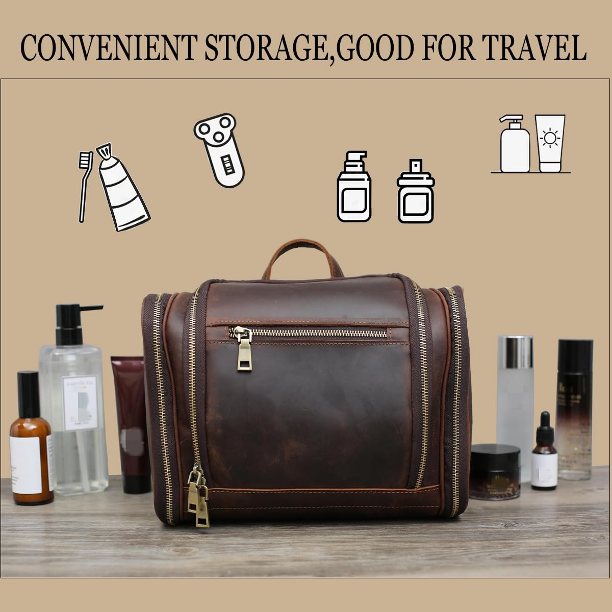 Premium Genuine Leather Hanging Toiletry Bag for Men & Women - Personalized Travel Shaving & Dopp Kit Organizer - Best Man Gift & Wedding Present (Coffee Brown) - Ideal for Business Trips, Camping & Vacation Essentials