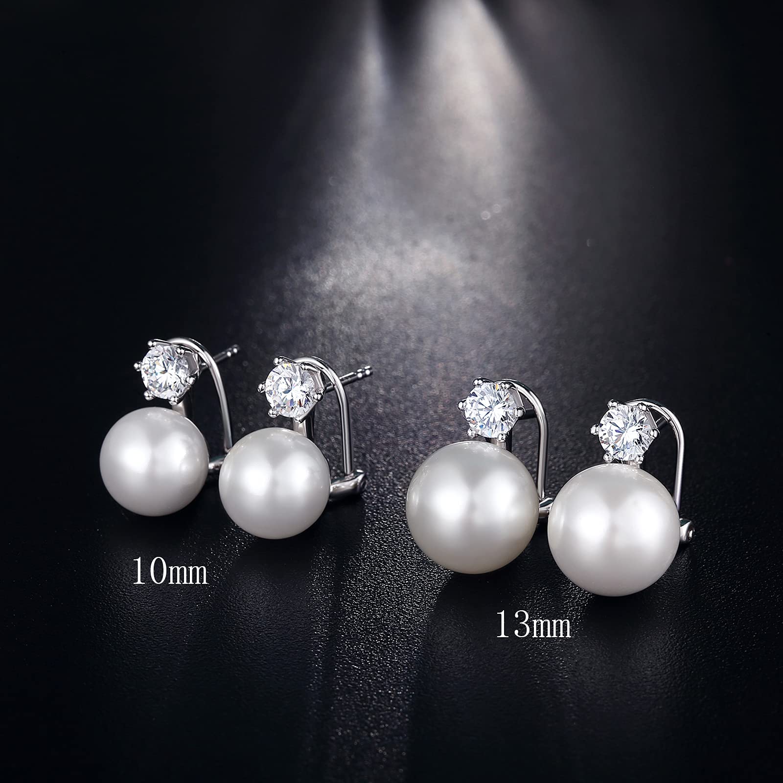 925 Sterling Silver Platinum-Plated Pearl Stud Earrings for Women - 12MM Diamond Accent Dangle Pearl Jewelry | Perfect for Weddings, Parties & Gift Giving
