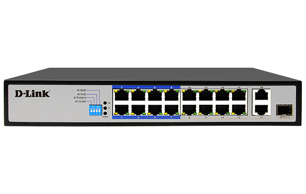 D-Link DES-1018P 18-Port Gigabit PoE Switch with 16 PoE+ Ports & 2 SFP Uplinks - Network Switch for IP Cameras, VoIP Phones, Wireless Access Points - Ideal for Office, Home Security & Business Networks