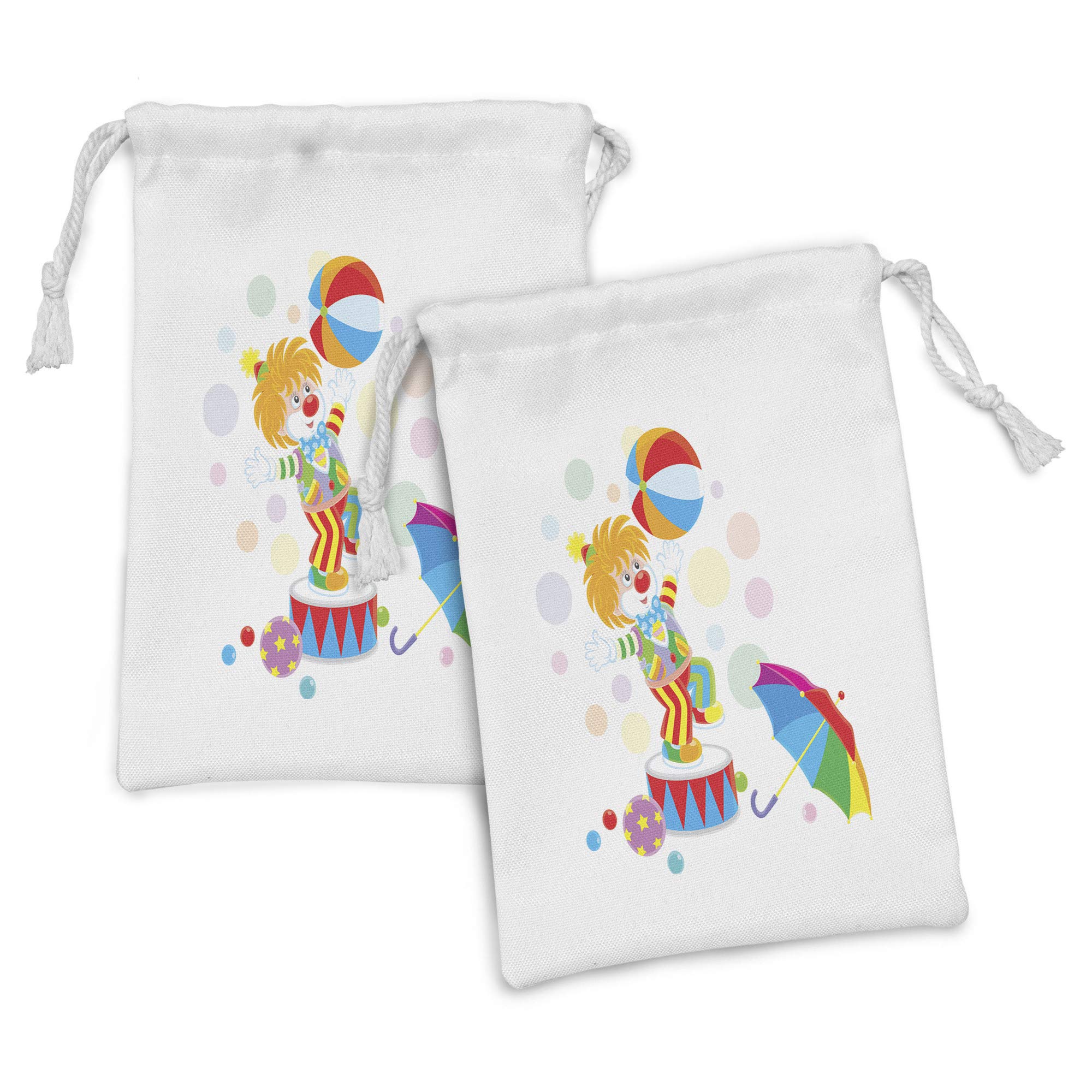 Ambesonne 2-Pack Clown Fabric Pouches - Funny Circus Entertainer with Colorful Umbrella & Balls on Pastel Dots - Small Drawstring Bags for Toiletries, Makeup, Masks & Party Favors (9