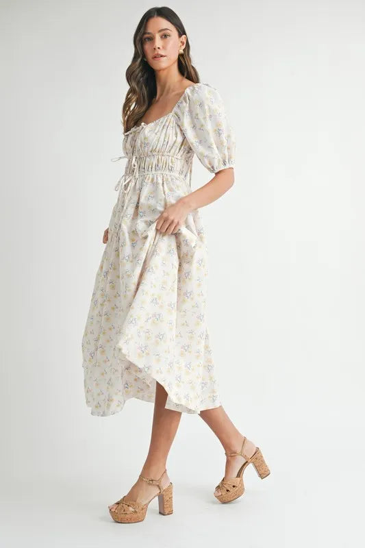 Floral Puff Sleeve Midi Summer Dress for Women - Boho Flowy Beach Dress with Ruffle Hem, Perfect for Vacation, Wedding Guest & Outdoor Parties