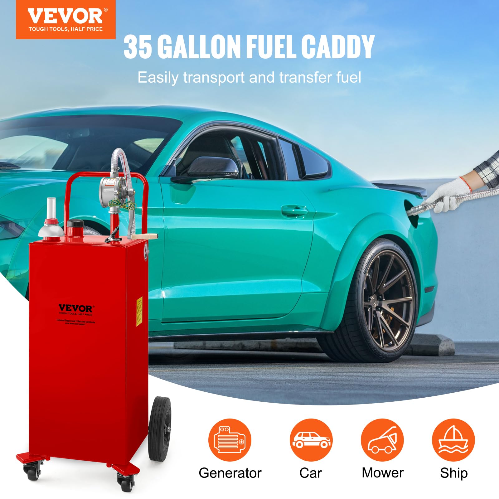 VEVOR 35 Gallon Gas Caddy with Manual Pump - Portable Fuel Storage Tank on Wheels for Gasoline & Diesel - Perfect for Cars, Lawn Mowers, ATVs, Boats & Outdoor Equipment - Red (Ideal for Garage, Farm, Construction Sites & Emergency Fuel Storage)