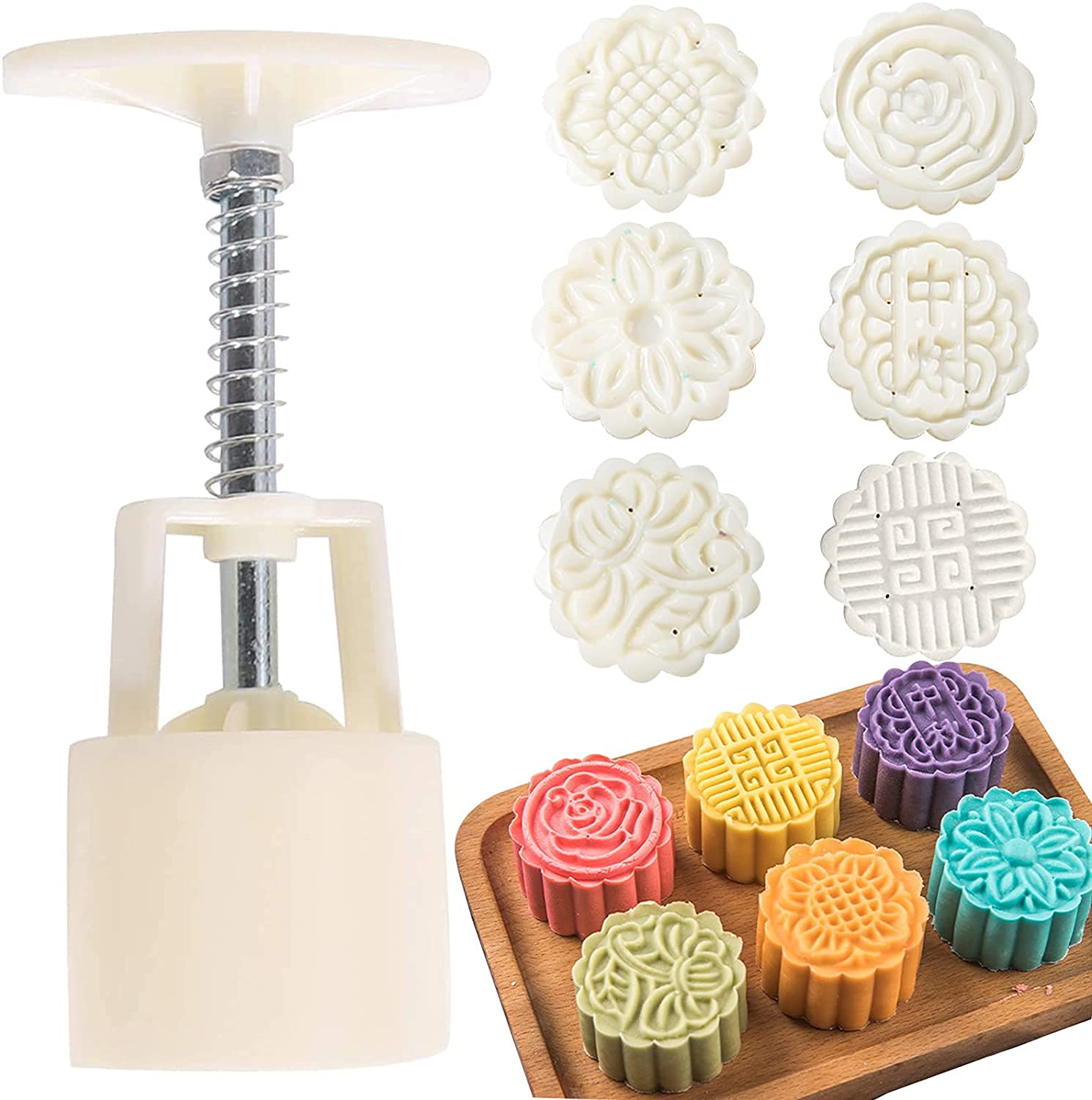 Premium Mooncake Press Molds Set - 1.76 oz Flower Mooncake Maker with 6 Stamps, Cookie & Pastry Tool for Mid-Autumn Festival Baking (White) - Perfect for Homemade Mooncakes, Festival Gifts & Asian Dessert Making