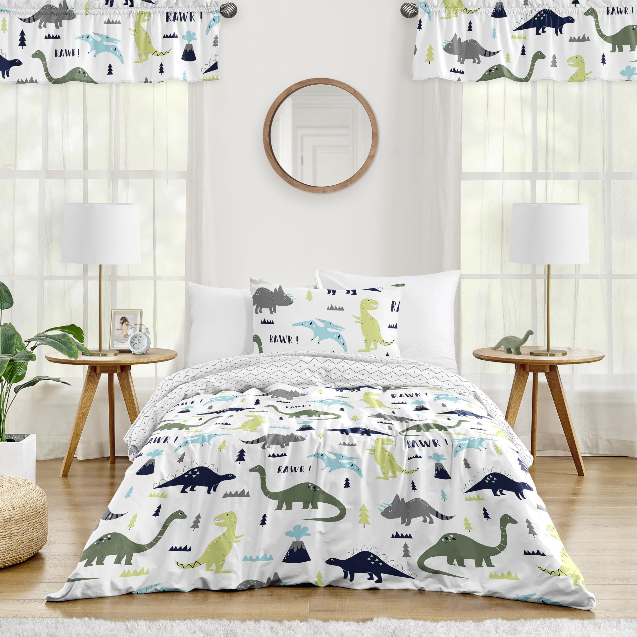 Modern Navy Blue & Green Dinosaur 4-Piece Twin Bedding Set for Boys & Girls - Kids' Bedroom Decor, Dino Themed Room, Teen Bedroom Essentials, Soft & Comfortable Bed Sheets for Children's Room