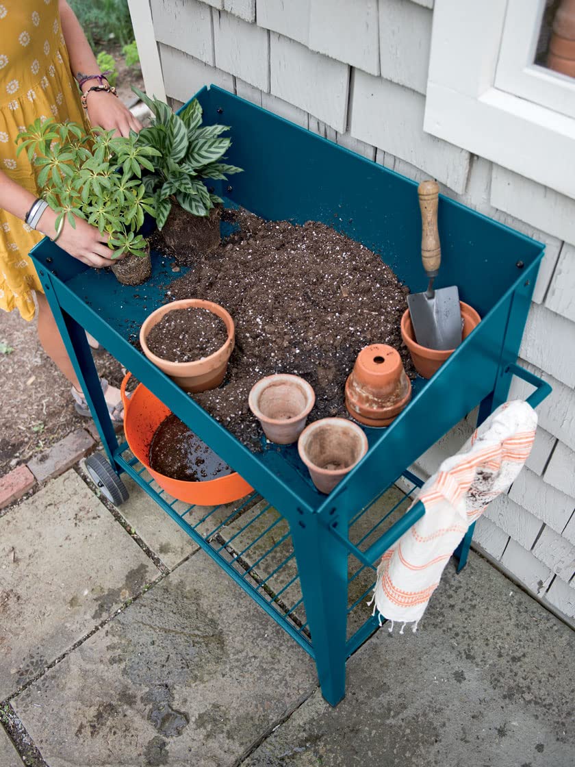 Heavy Duty Metal Potting Bench with Wheels - Outdoor Garden Work Table for Seed Starting, Planting & Transplanting | Portable Workstation with Side Metal Walls | Perfect for Backyard Gardening, Greenhouse & DIY Projects
