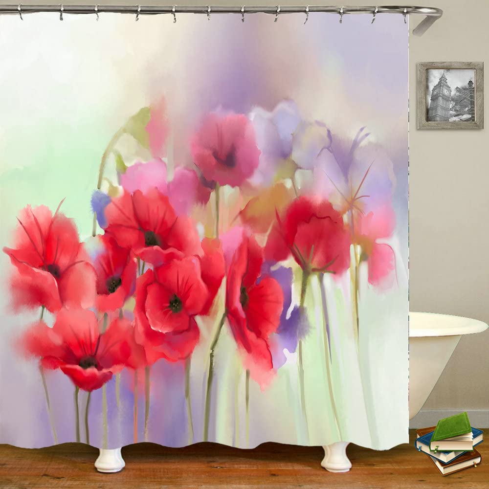 PONERY Heavy Duty Waterproof Polyester Shower Curtain with 12 Hooks - Lavender Pink Floral Design for Bathroom & Shower Stall | Elegant Bathroom Decor, Moisture-Resistant Shower Liner for Home & Hotel Use