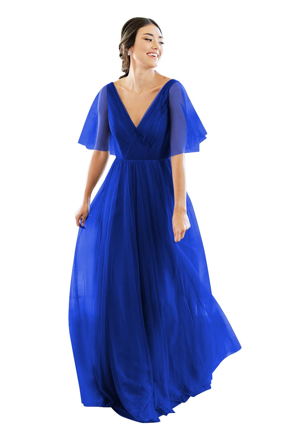 Elegant V-Neck Short Sleeve Tulle Bridesmaid Dress for Women - Backless Long Formal Gown for Weddings, Proms & Special Occasions