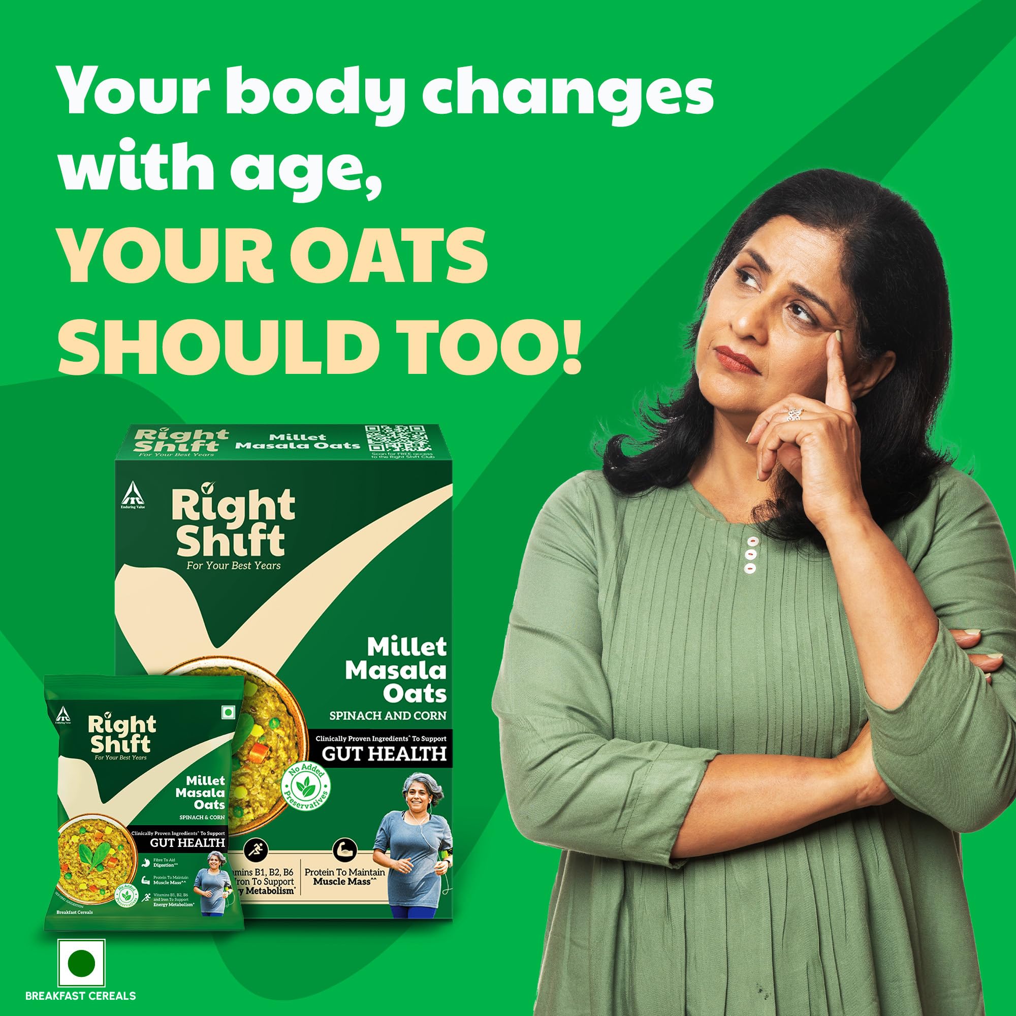 ITC Right Shift Millet Masala Oats - Spinach & Corn, 240g | High Protein Rolled Oats with Millets & Seeds | 4 Vegetable Blend | Preservative-Free Instant Oats for Weight Loss | Ready to Cook | Perfect for Breakfast, Post-Workout & Healthy Snacking